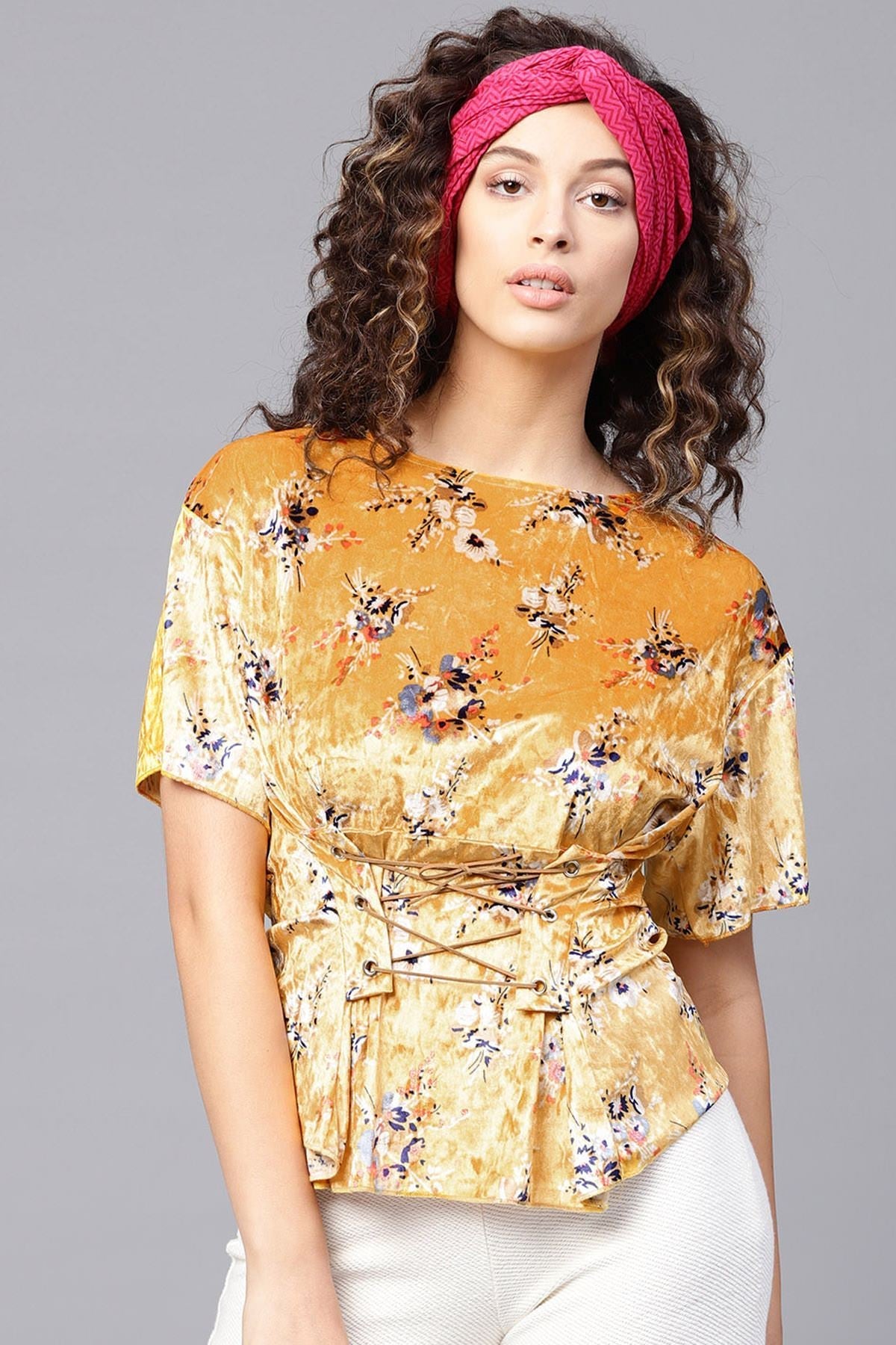 Women's Mustard Floral Velvet Corset Tie-Up Top - SASSAFRAS