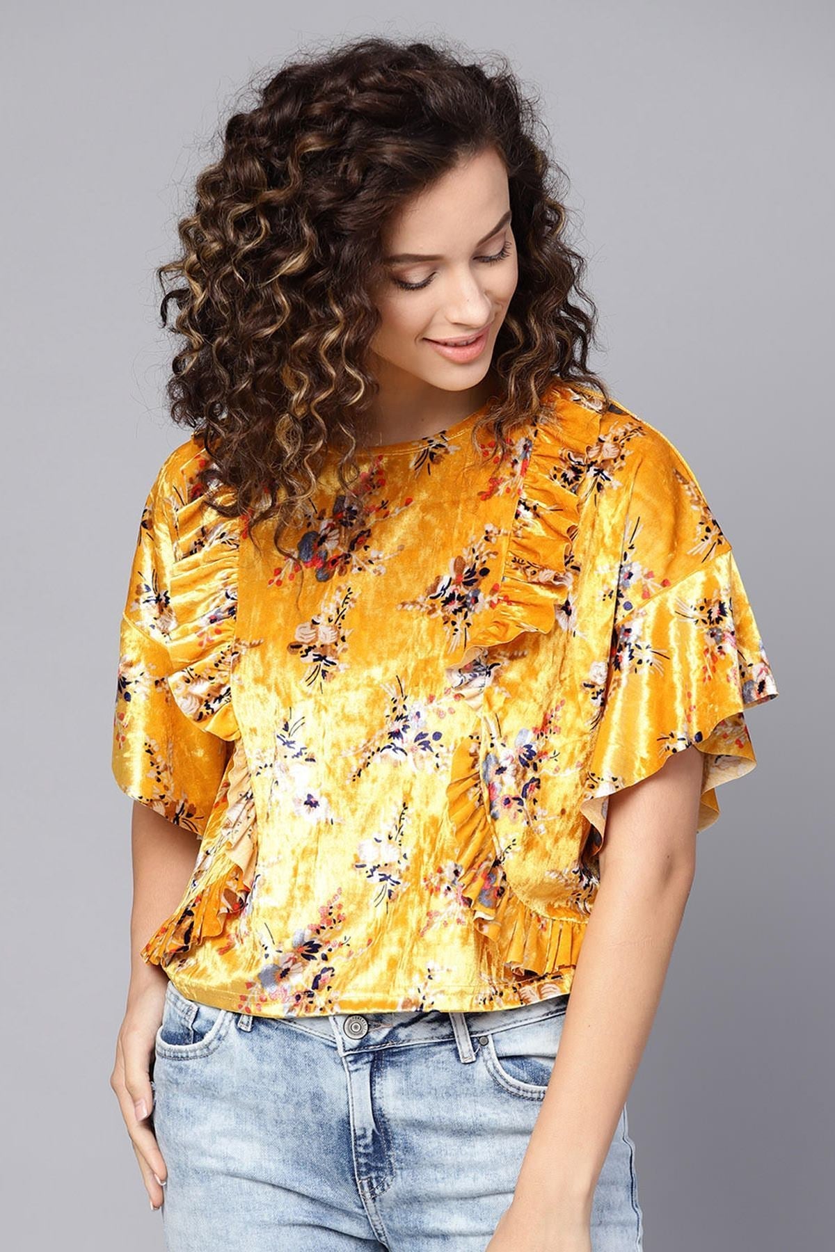 Women's Mustard Floral Velvet Boxy Top - SASSAFRAS