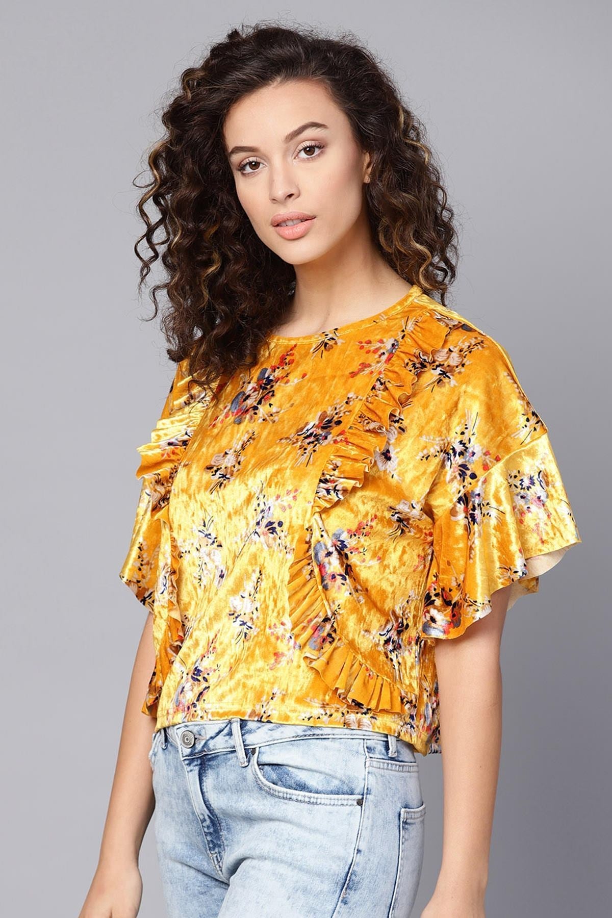 Women's Mustard Floral Velvet Boxy Top - SASSAFRAS