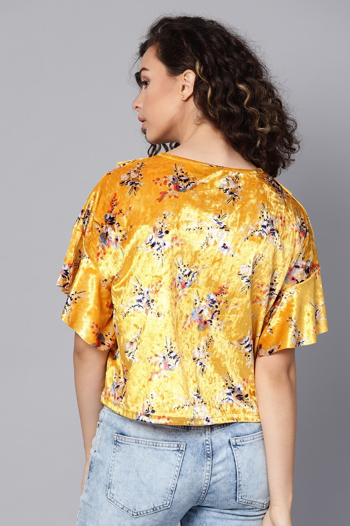 Women's Mustard Floral Velvet Boxy Top - SASSAFRAS