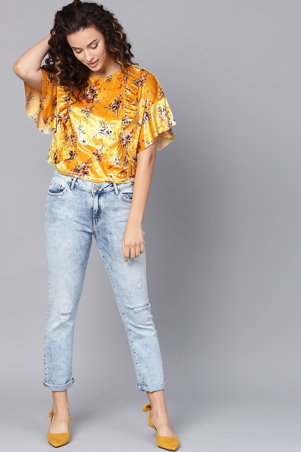 Women's Mustard Floral Velvet Boxy Top - SASSAFRAS