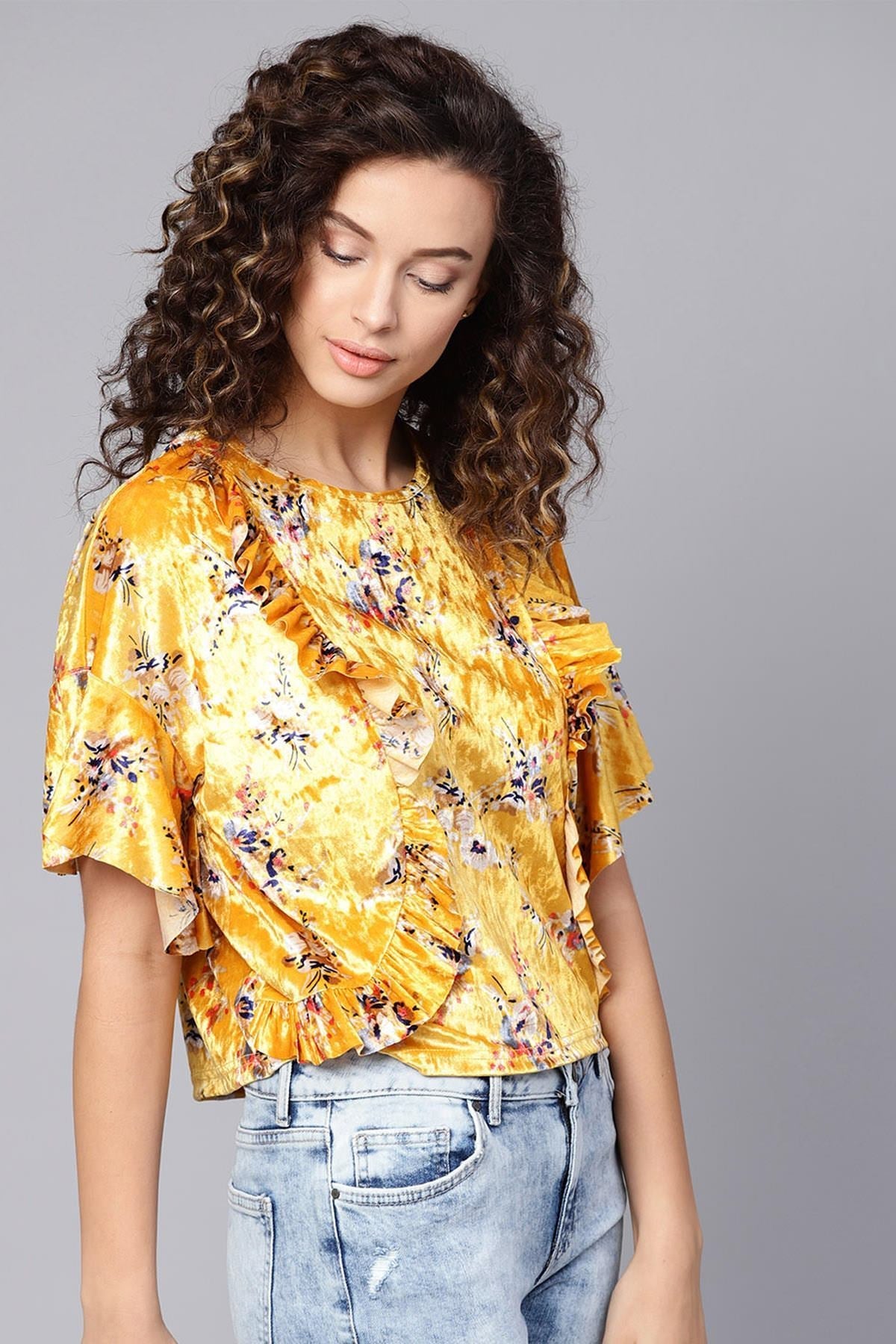 Women's Mustard Floral Velvet Boxy Top - SASSAFRAS