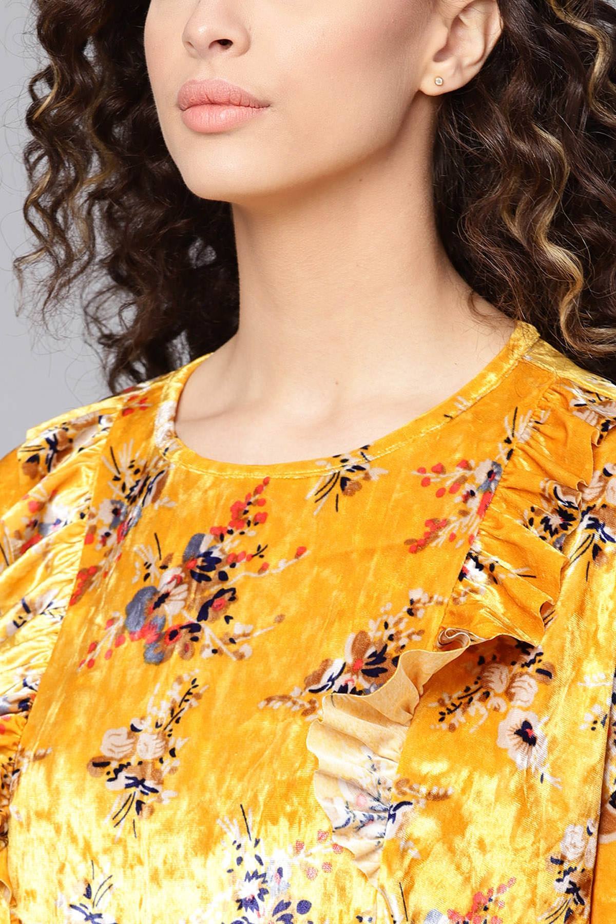 Women's Mustard Floral Velvet Boxy Top - SASSAFRAS