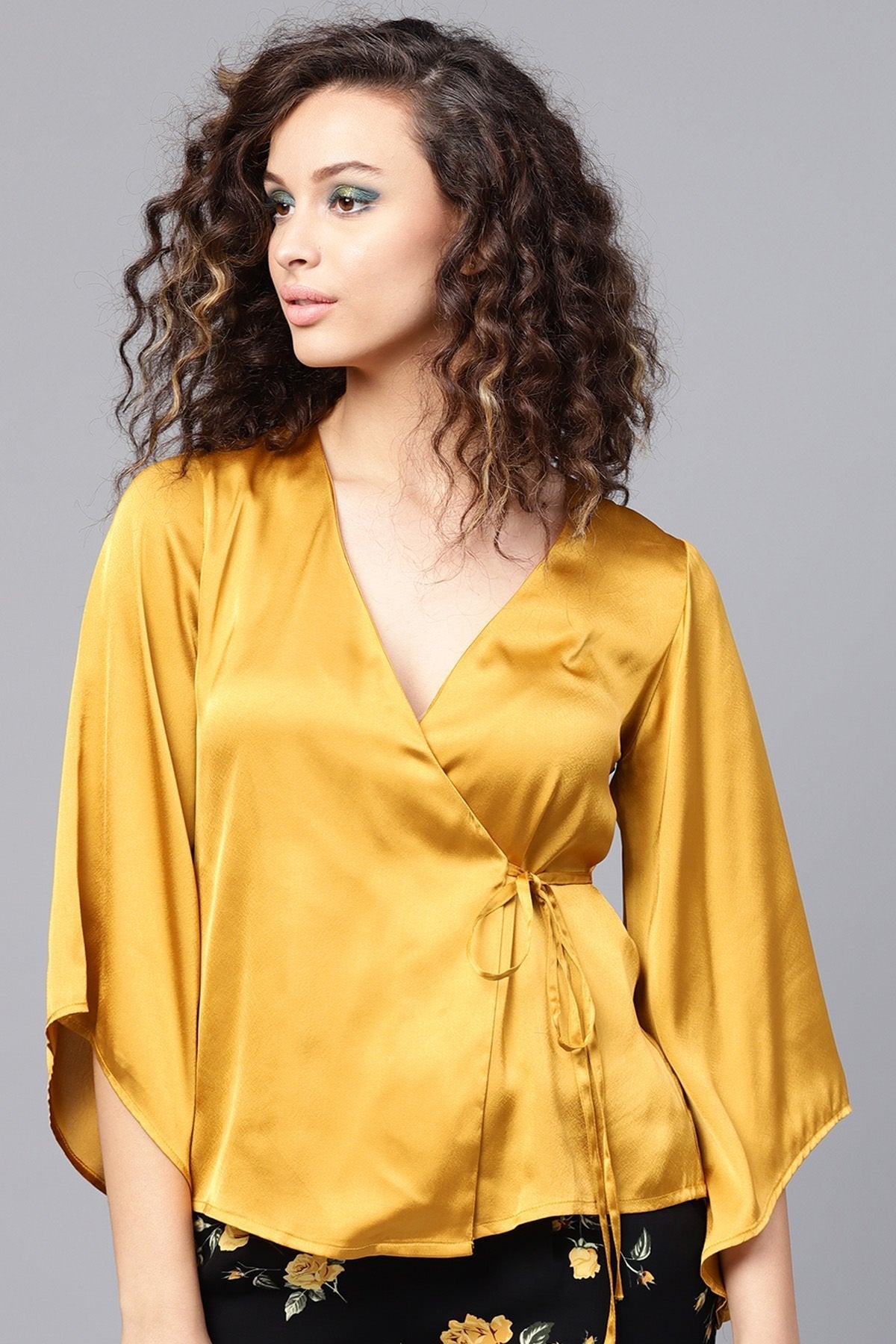 Women's Mustard Wrap Satin Tie-Up Top - SASSAFRAS