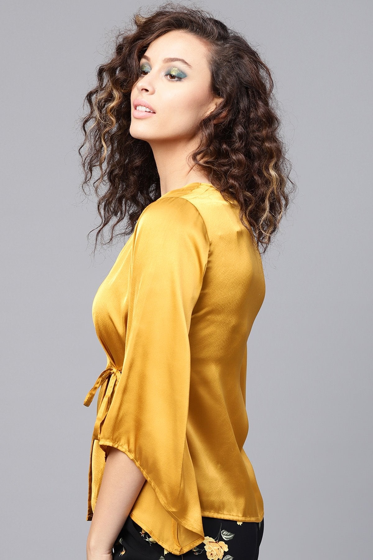 Women's Mustard Wrap Satin Tie-Up Top - SASSAFRAS