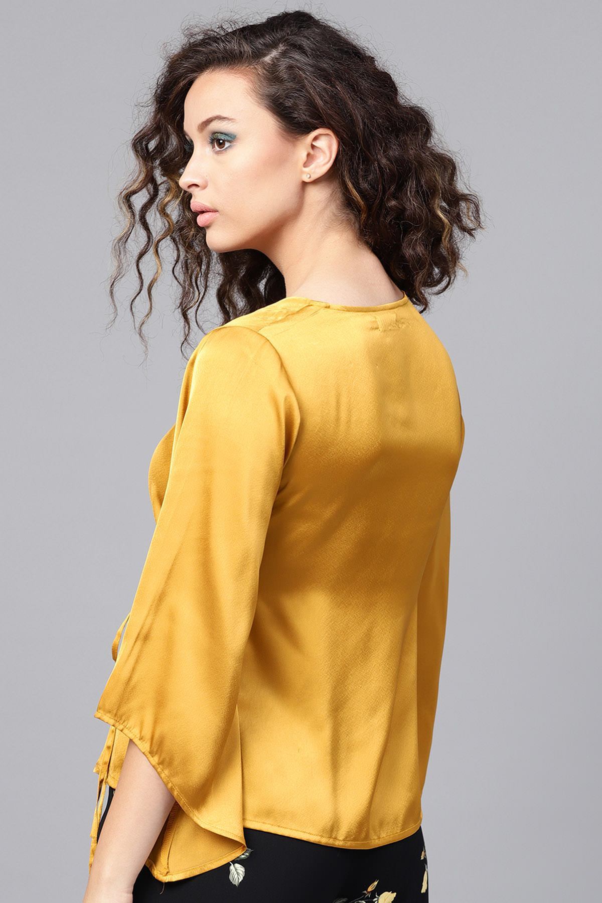 Women's Mustard Wrap Satin Tie-Up Top - SASSAFRAS