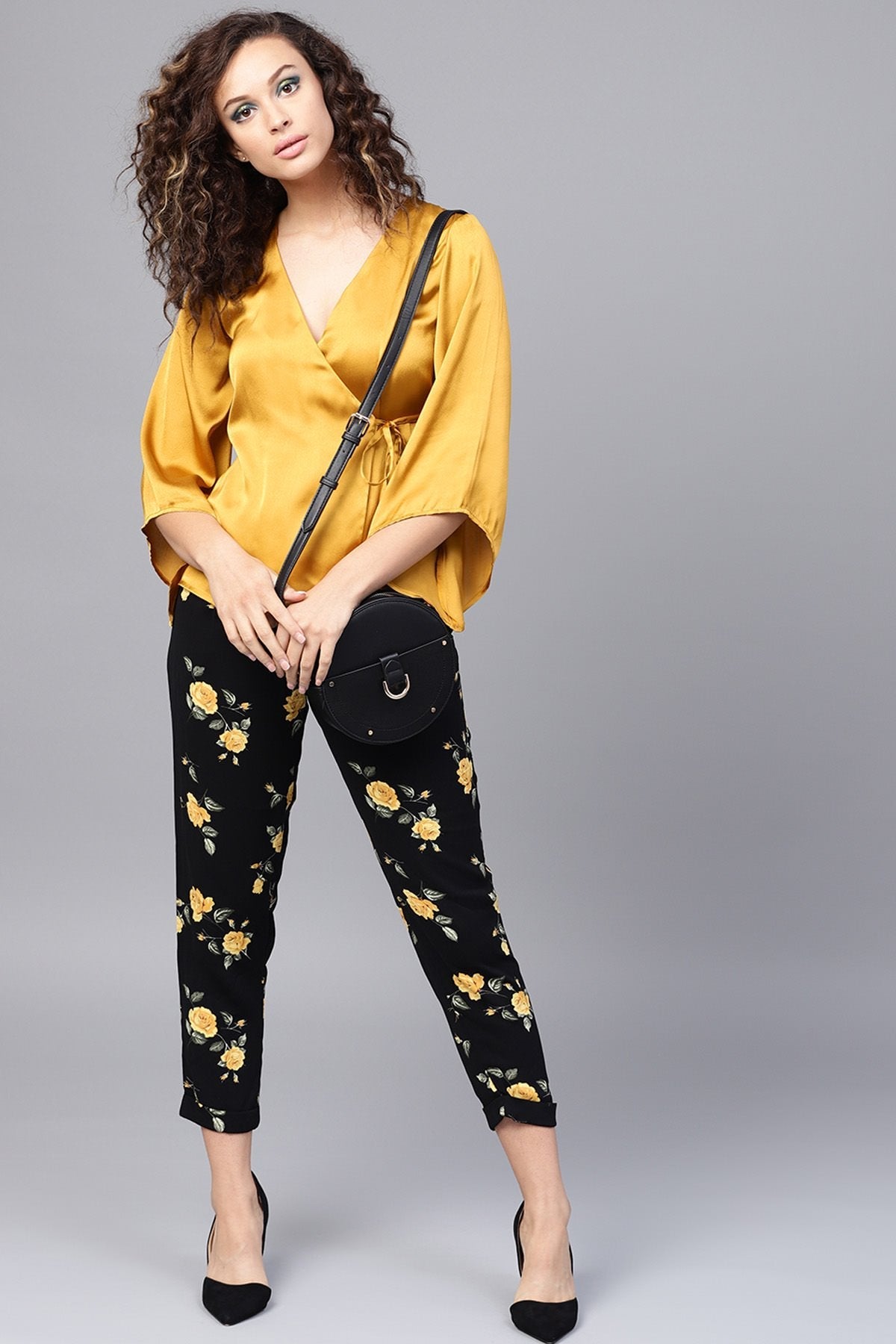 Women's Mustard Wrap Satin Tie-Up Top - SASSAFRAS