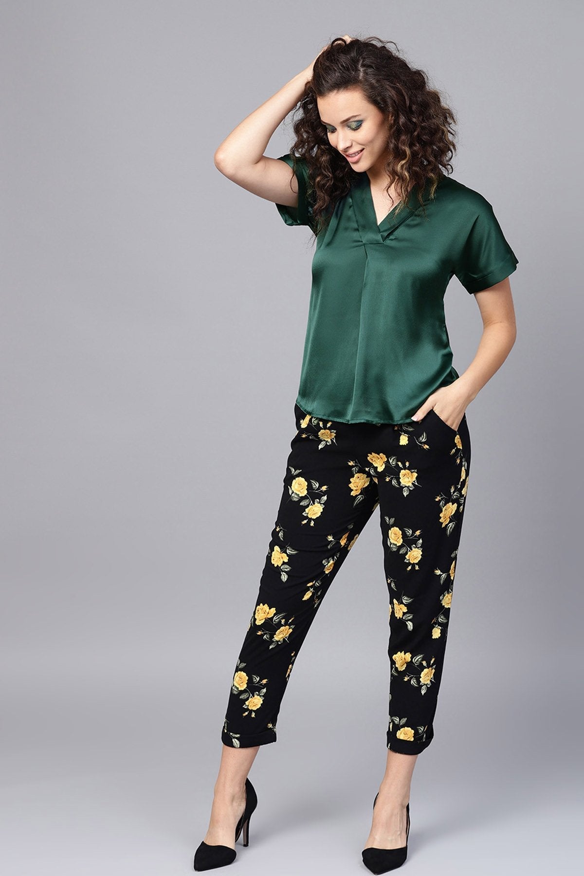 Women's Emerald Satin V-Neck Blouse