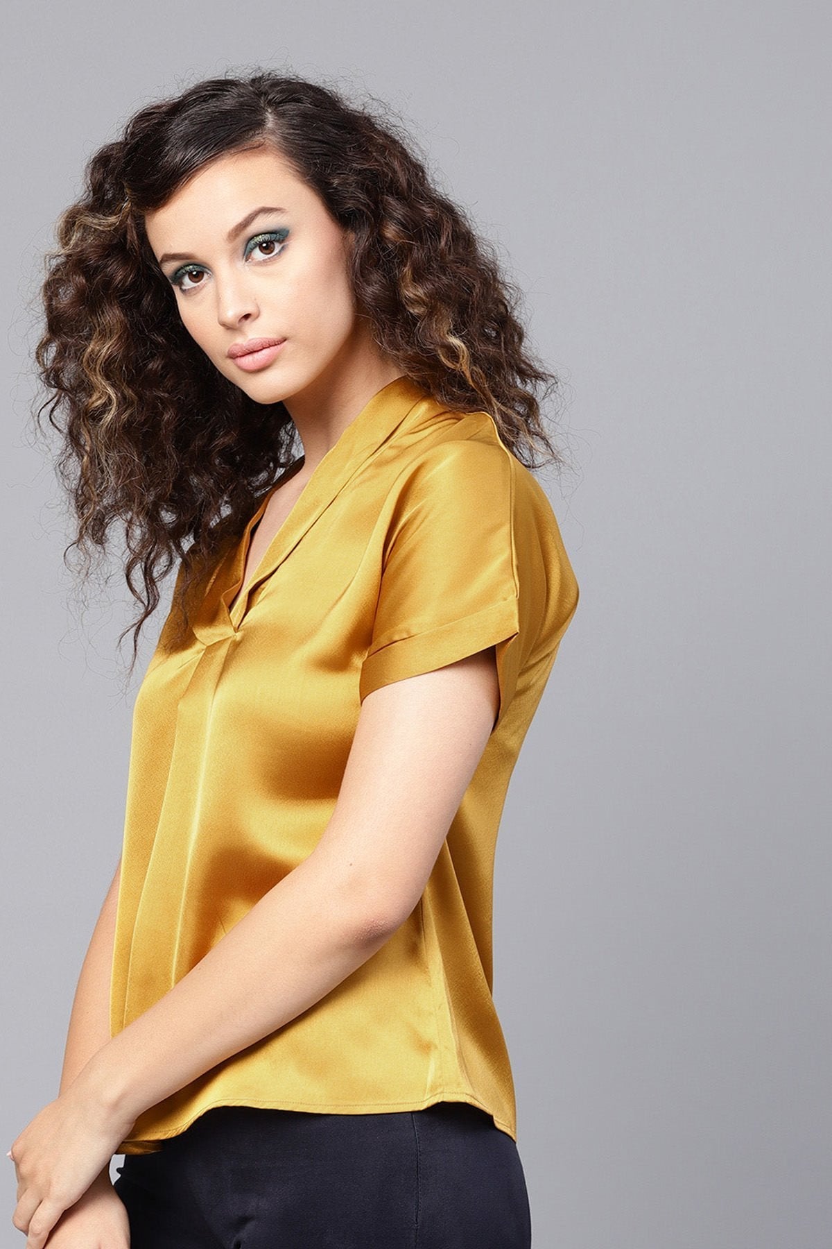 Women's Mustard Satin V-Neck Blouse