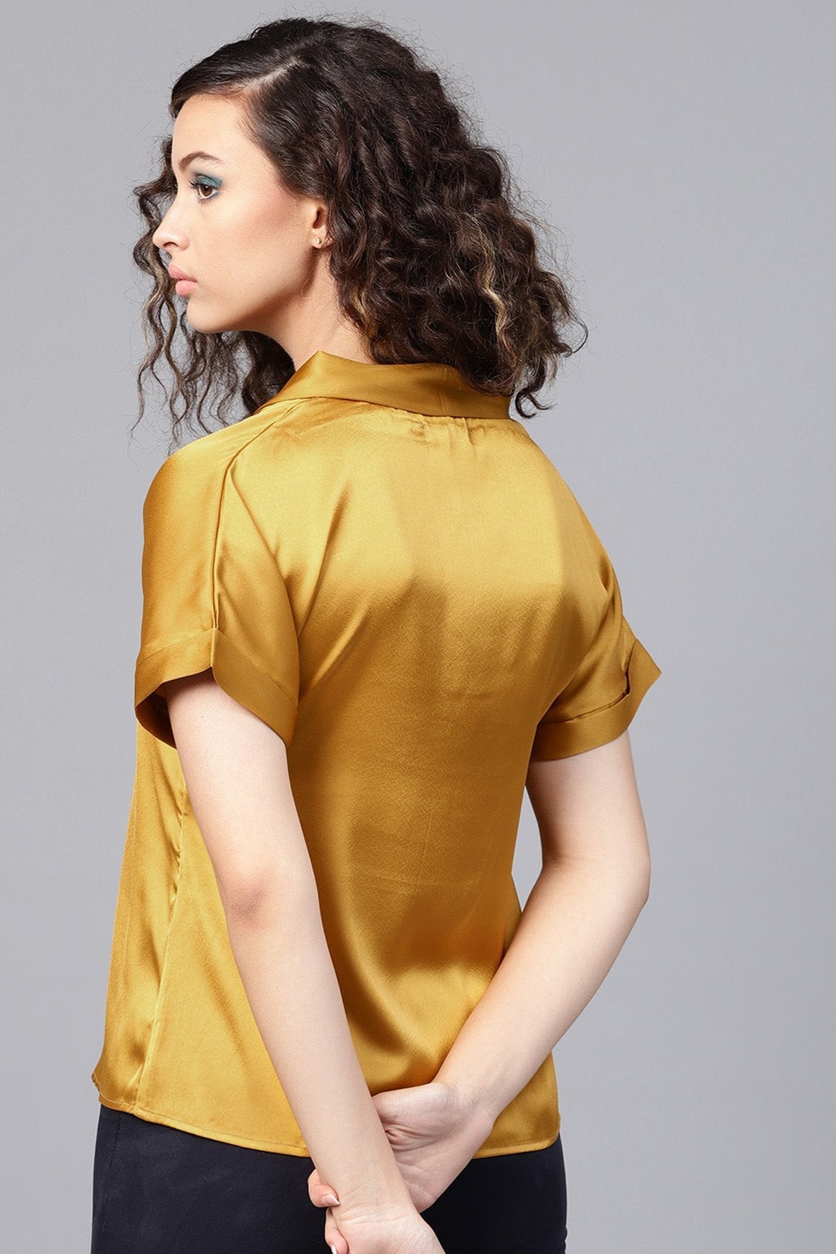 Women's Mustard Satin V-Neck Blouse