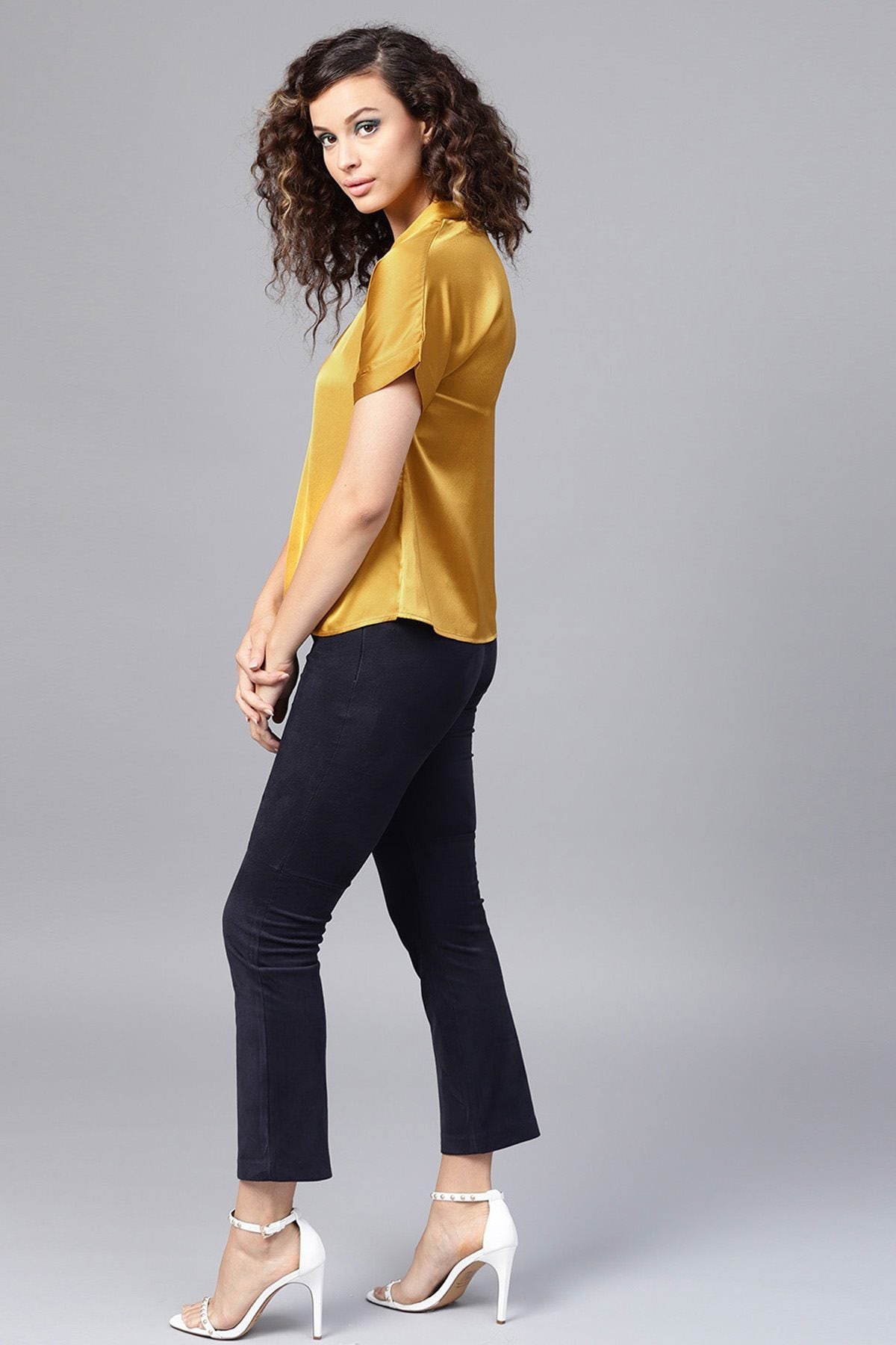 Women's Mustard Satin V-Neck Blouse