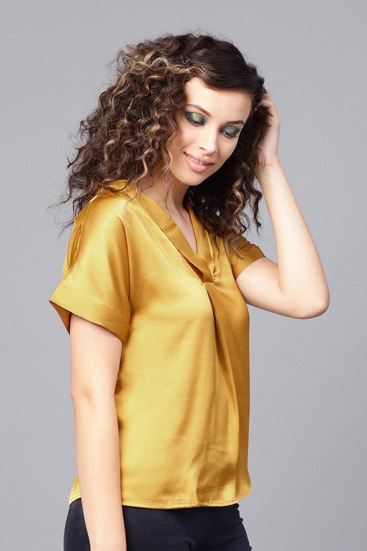 Women's Mustard Satin V-Neck Blouse