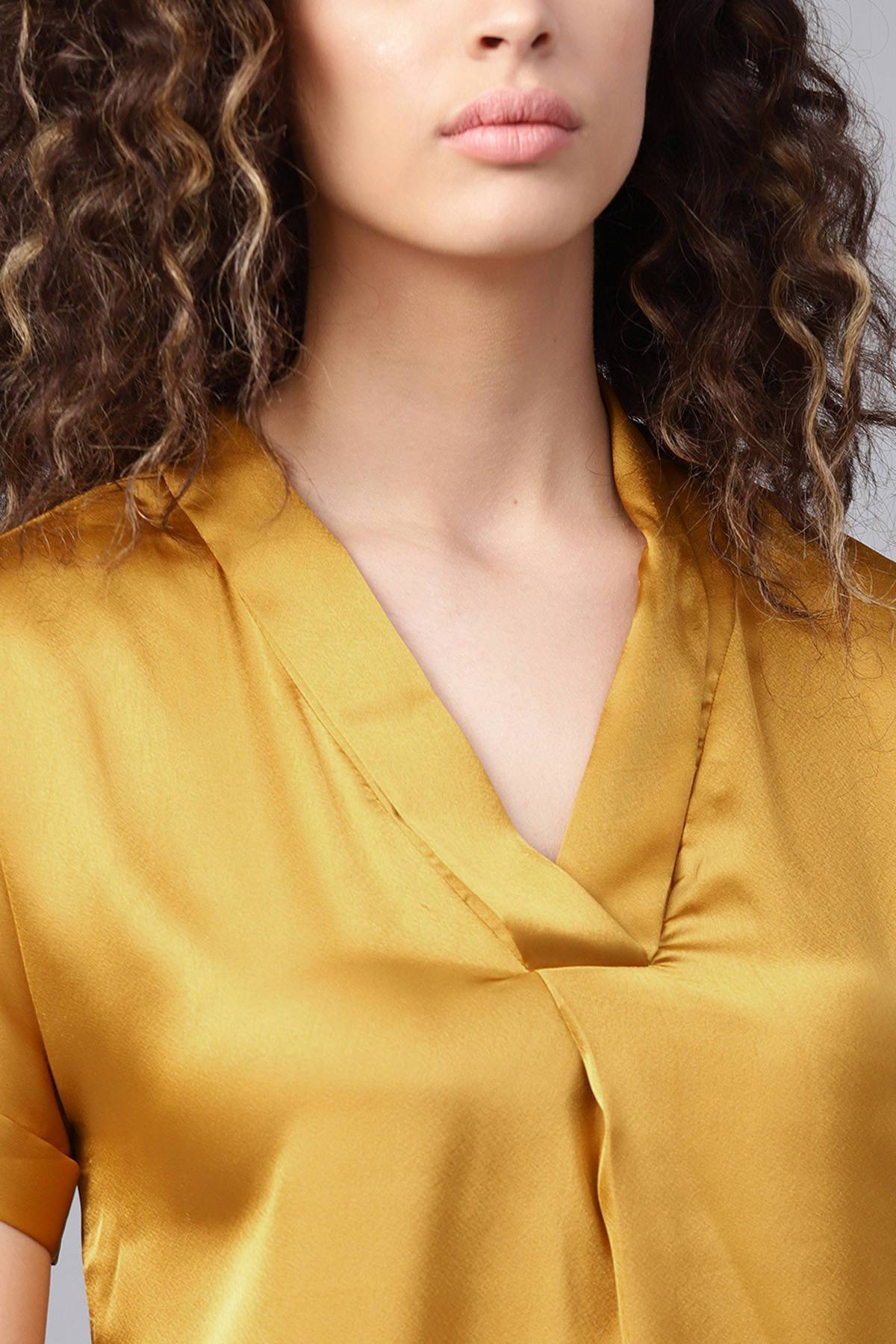 Women's Mustard Satin V-Neck Blouse