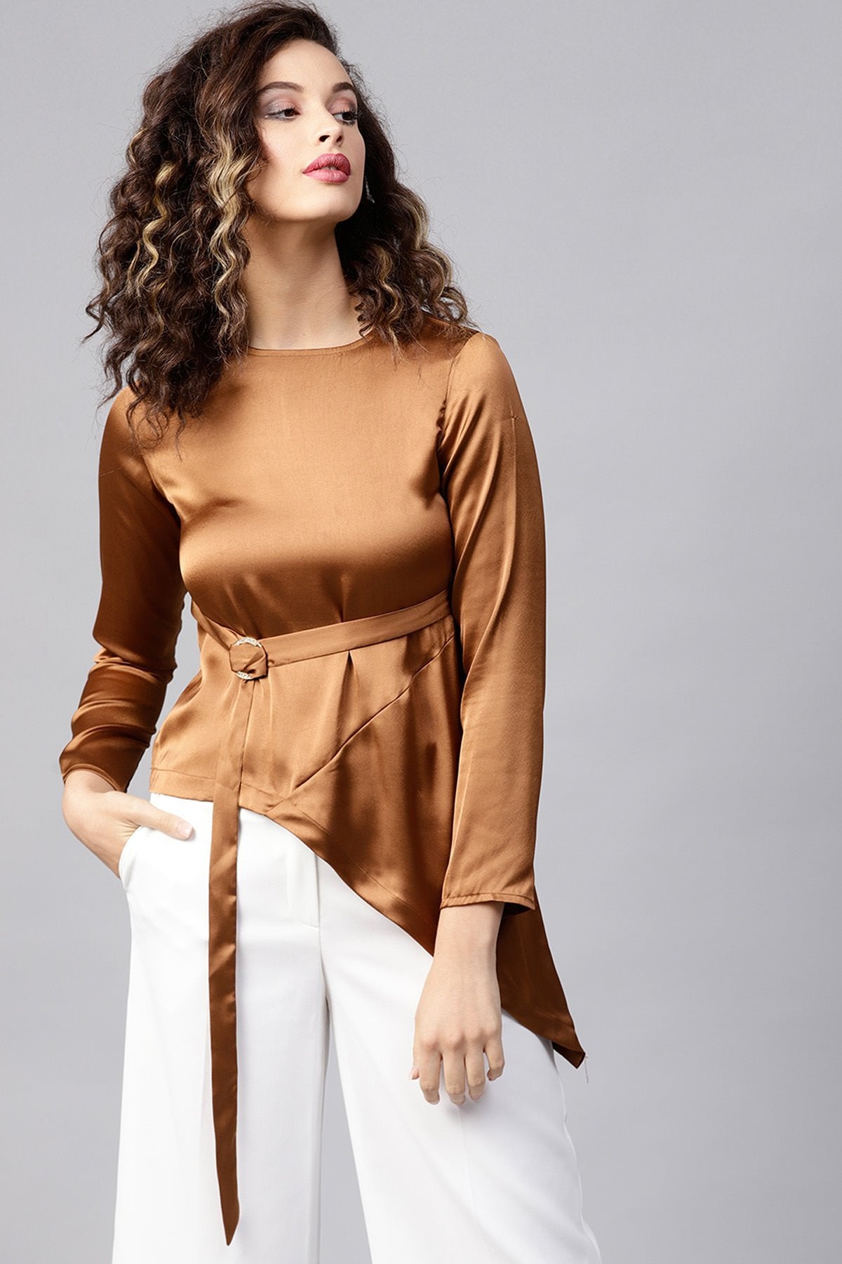 Women's Copper Satin Asymmetric Belted Blouse - SHAE