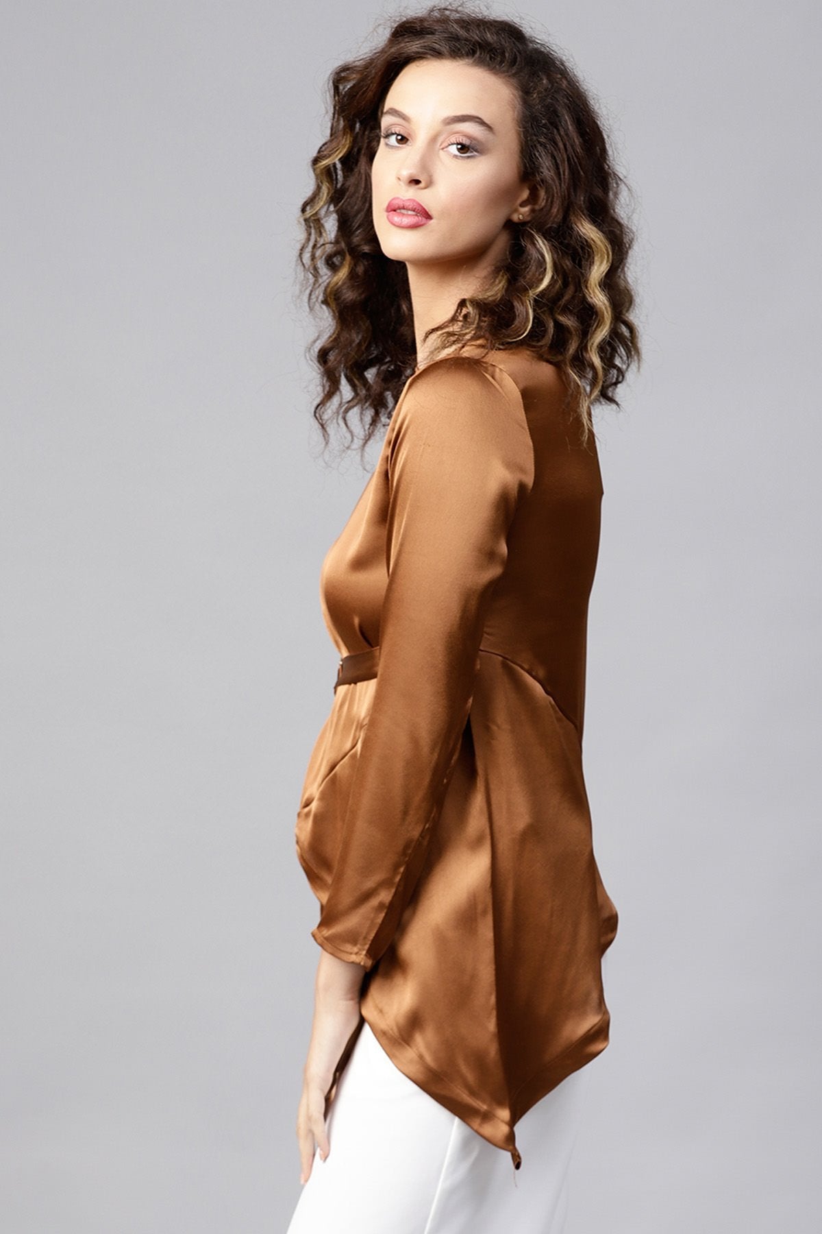 Women's Copper Satin Asymmetric Belted Blouse - SHAE