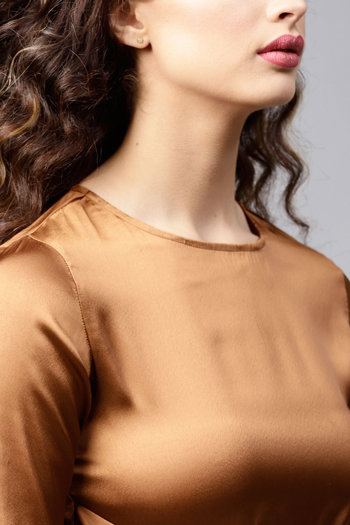Women's Copper Satin Asymmetric Belted Blouse - SHAE