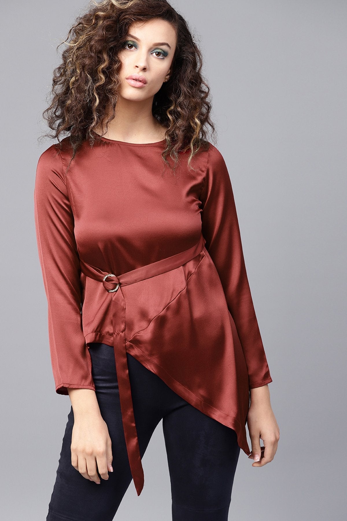 Women's Maroon Satin Asymmetric Belted Blouse