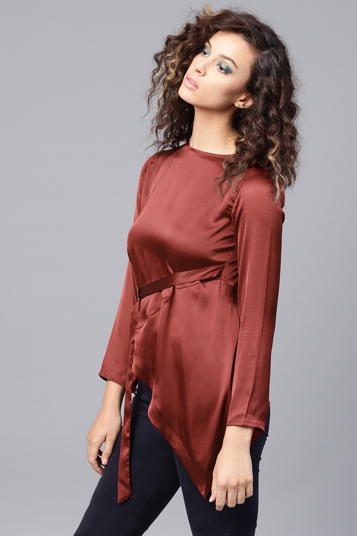 Women's Maroon Satin Asymmetric Belted Blouse