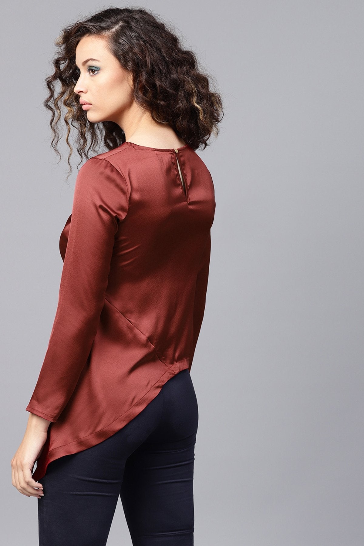 Women's Maroon Satin Asymmetric Belted Blouse