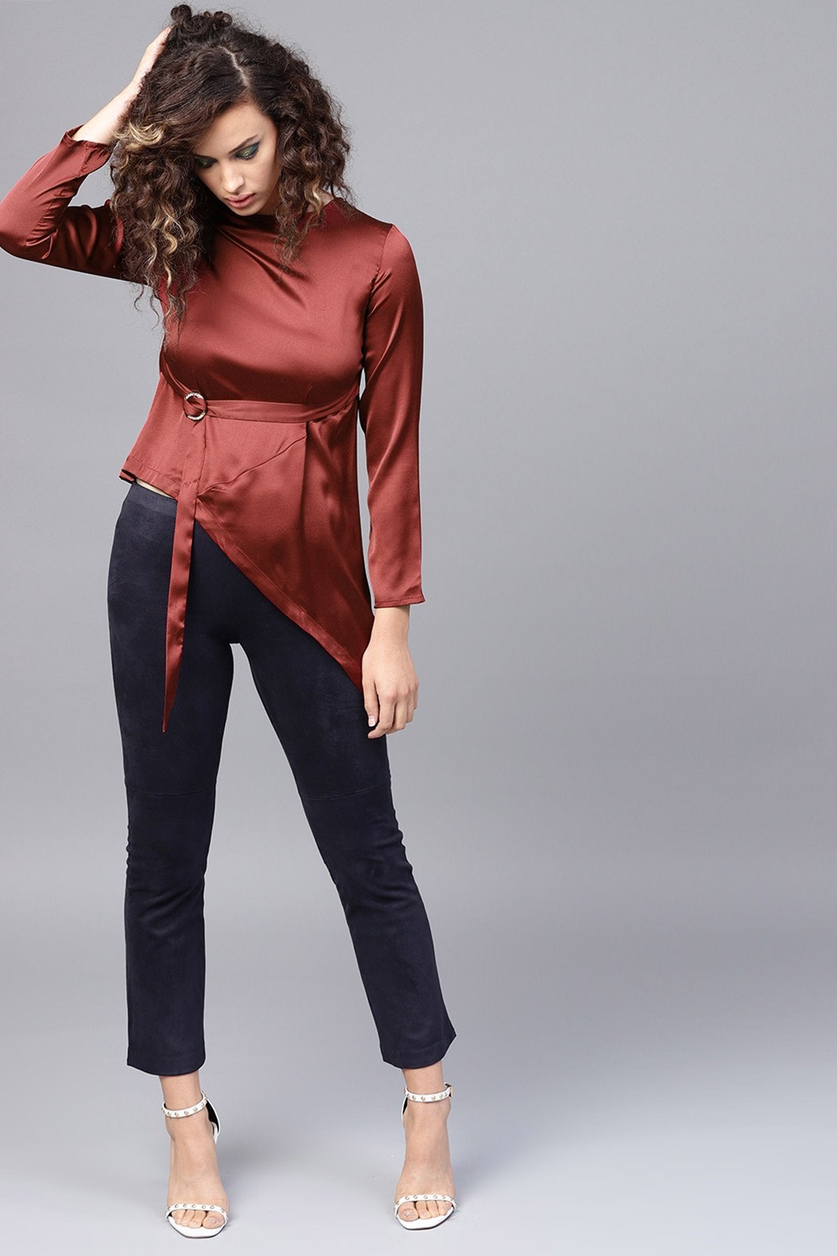 Women's Maroon Satin Asymmetric Belted Blouse