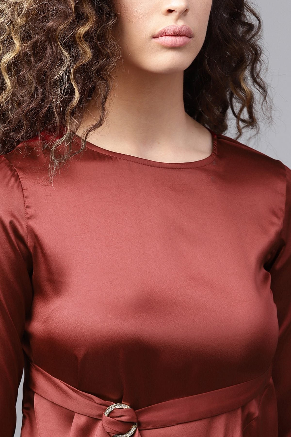 Women's Maroon Satin Asymmetric Belted Blouse