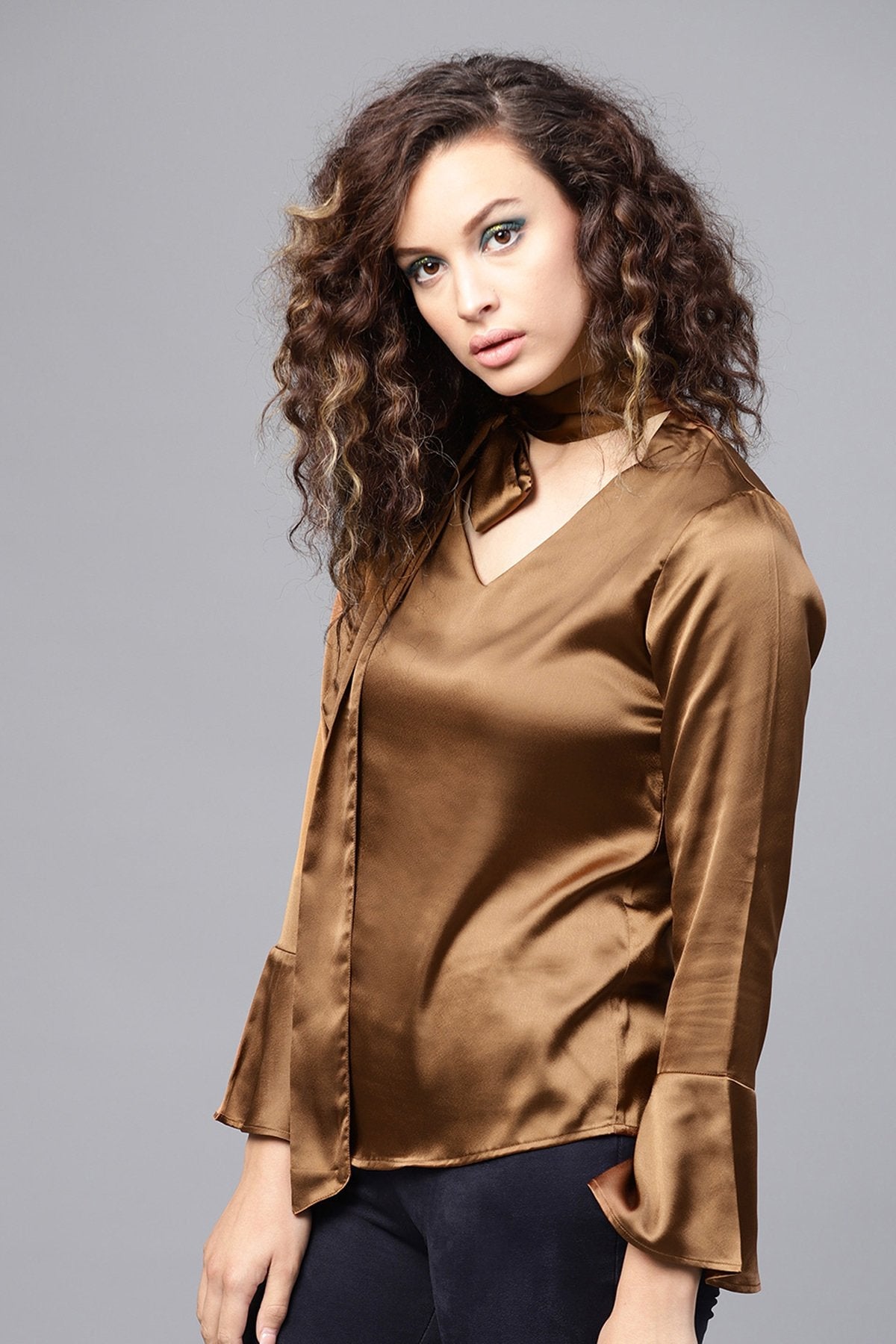 Women's Copper Satin Neck Tie Top - SASSAFRAS