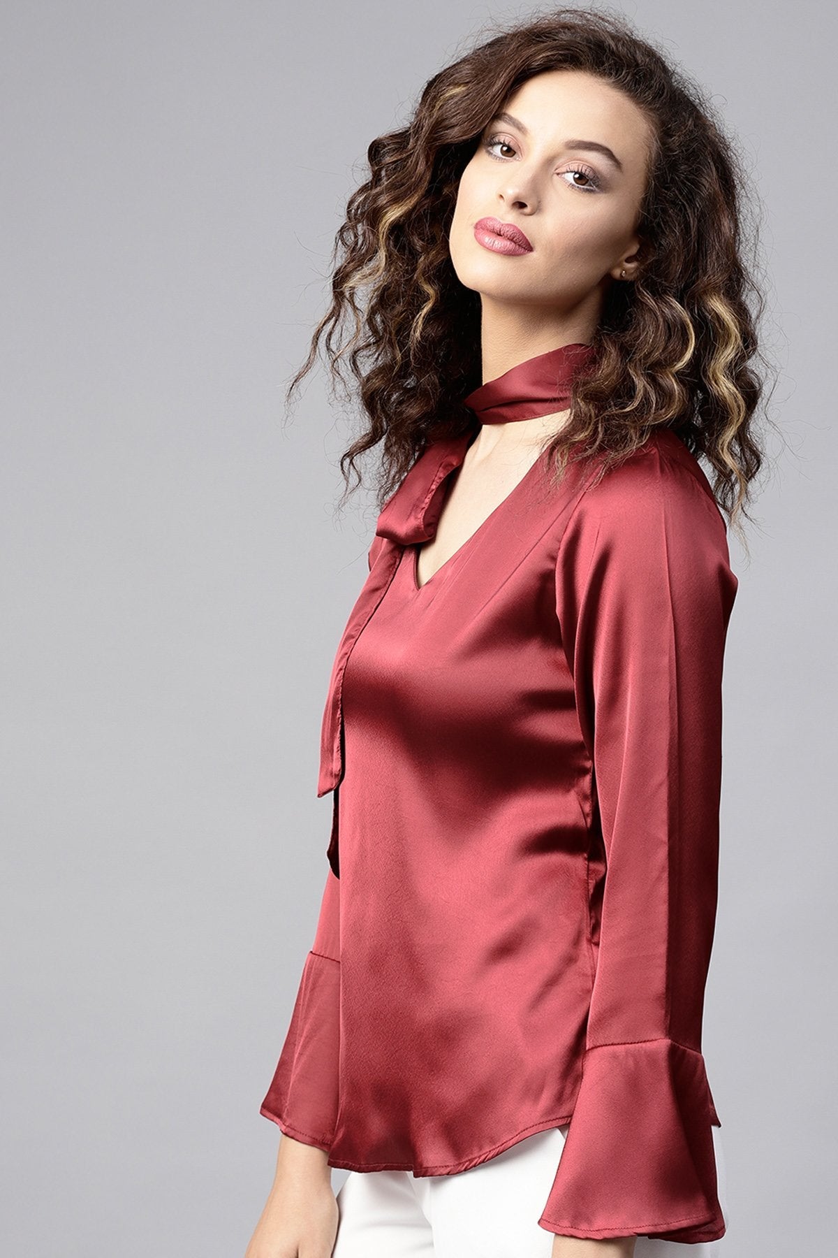 Women's Maroon Satin Neck Tie Top - SASSAFRAS