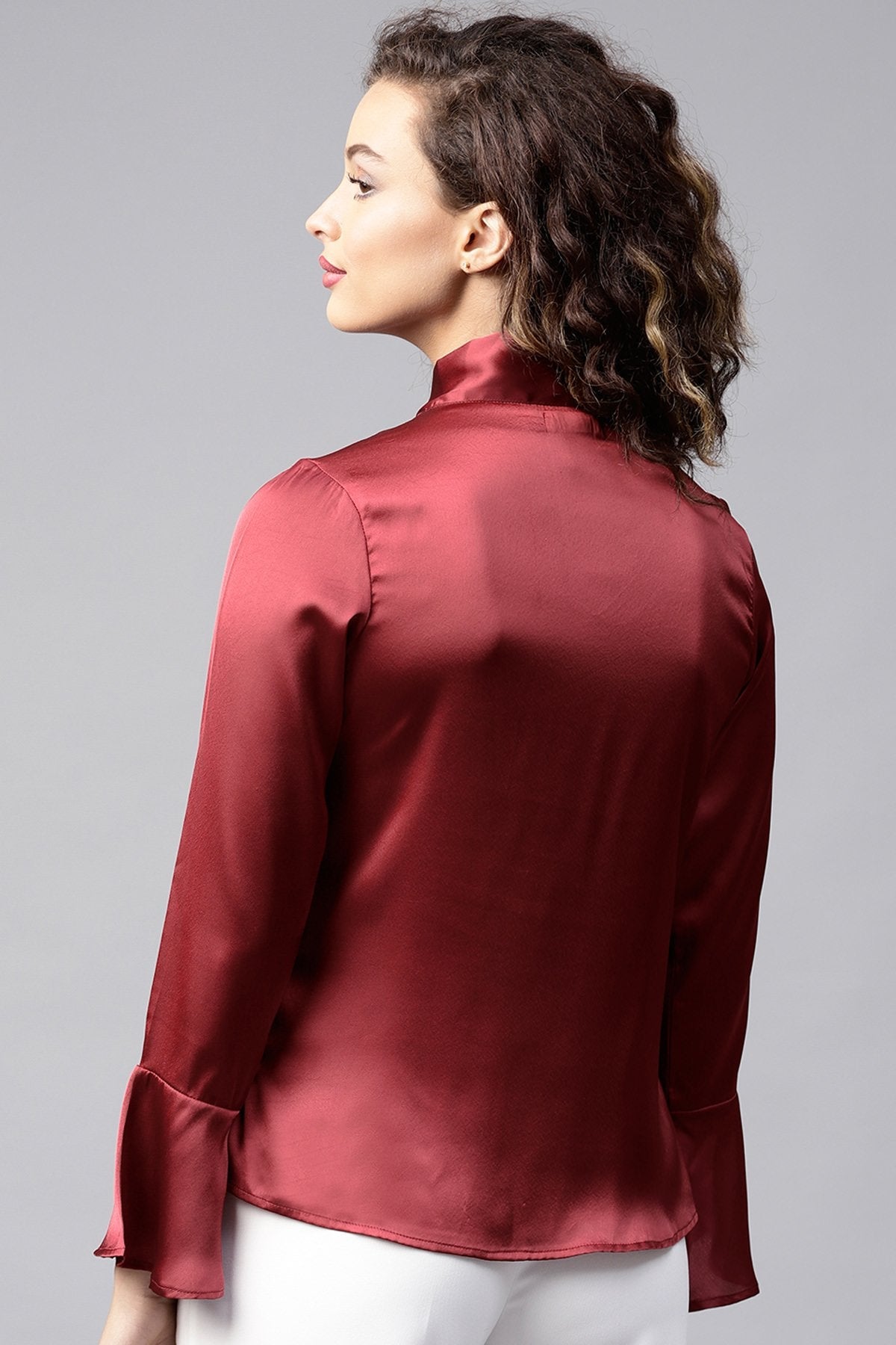 Women's Maroon Satin Neck Tie Top - SASSAFRAS