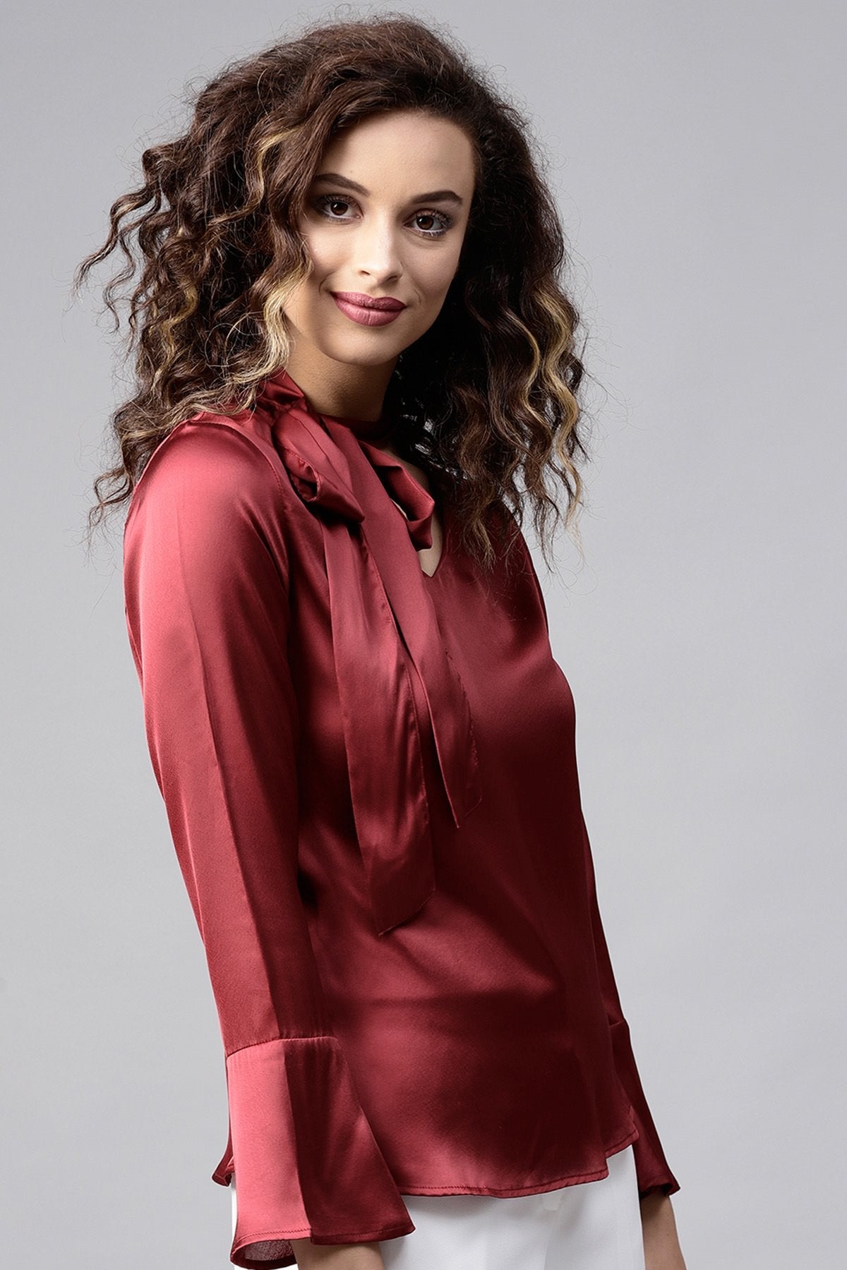 Women's Maroon Satin Neck Tie Top - SASSAFRAS