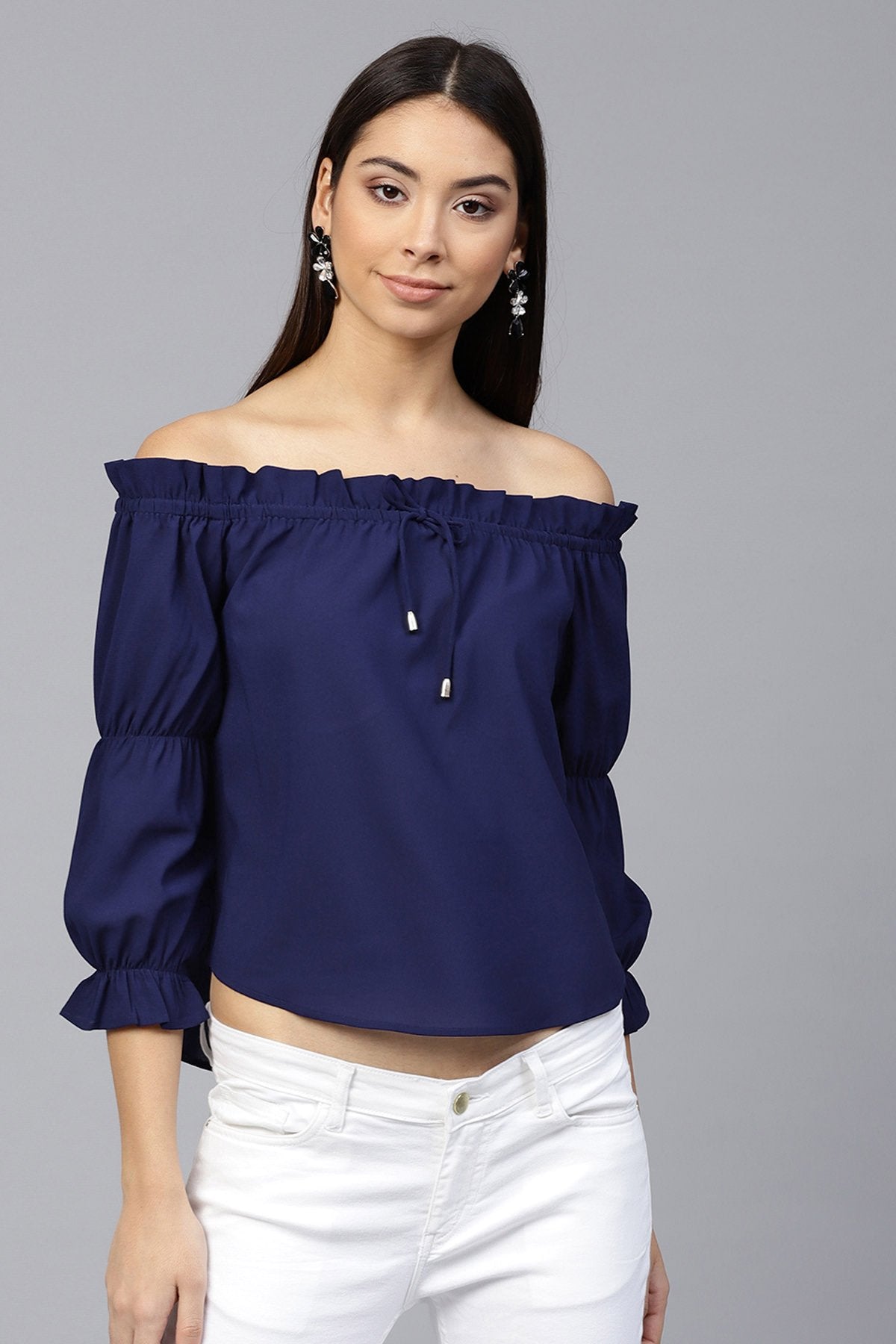 Women's Navy Drawstring Off Shoulder Top - SASSAFRAS