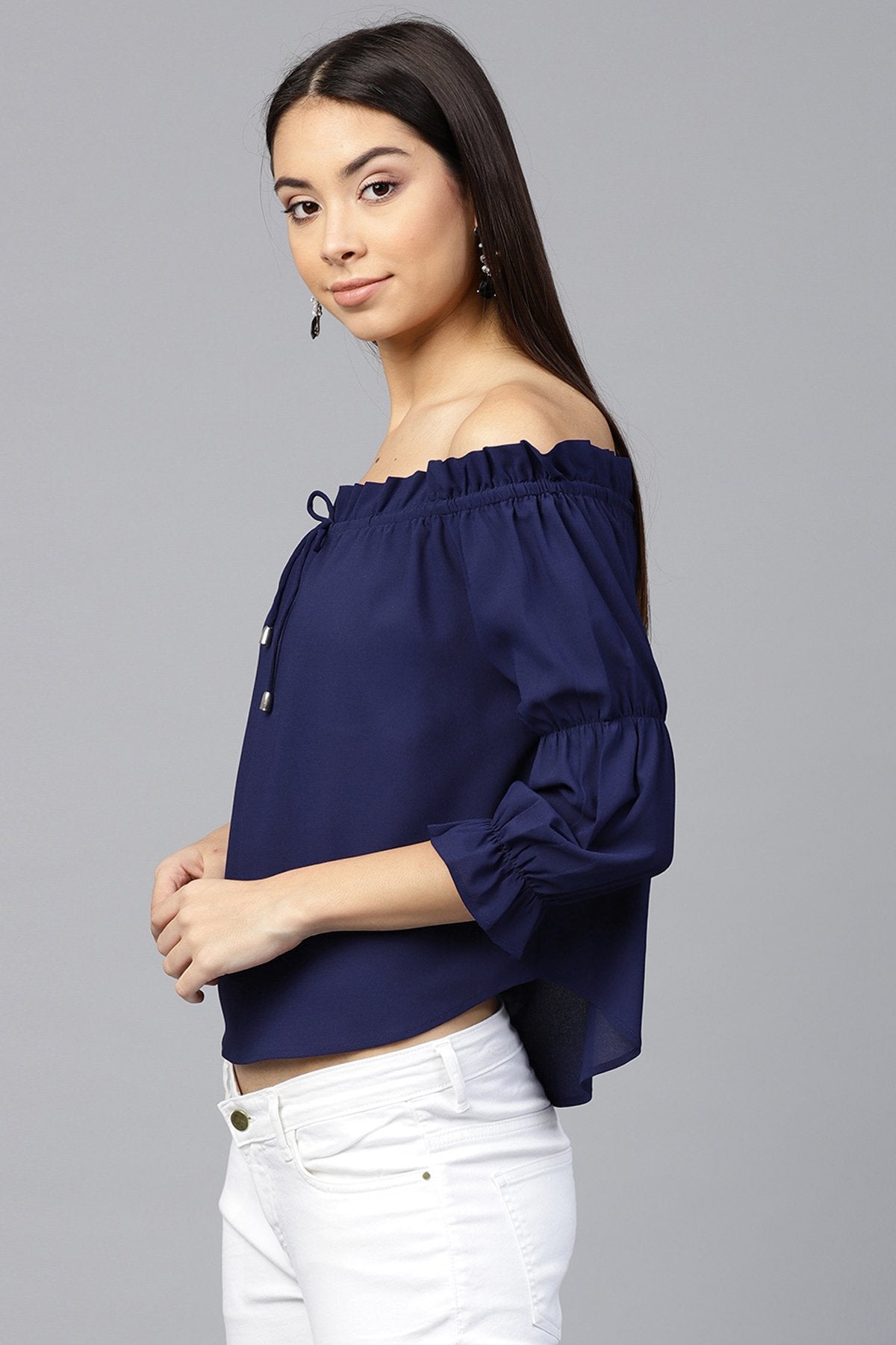 Women's Navy Drawstring Off Shoulder Top - SASSAFRAS