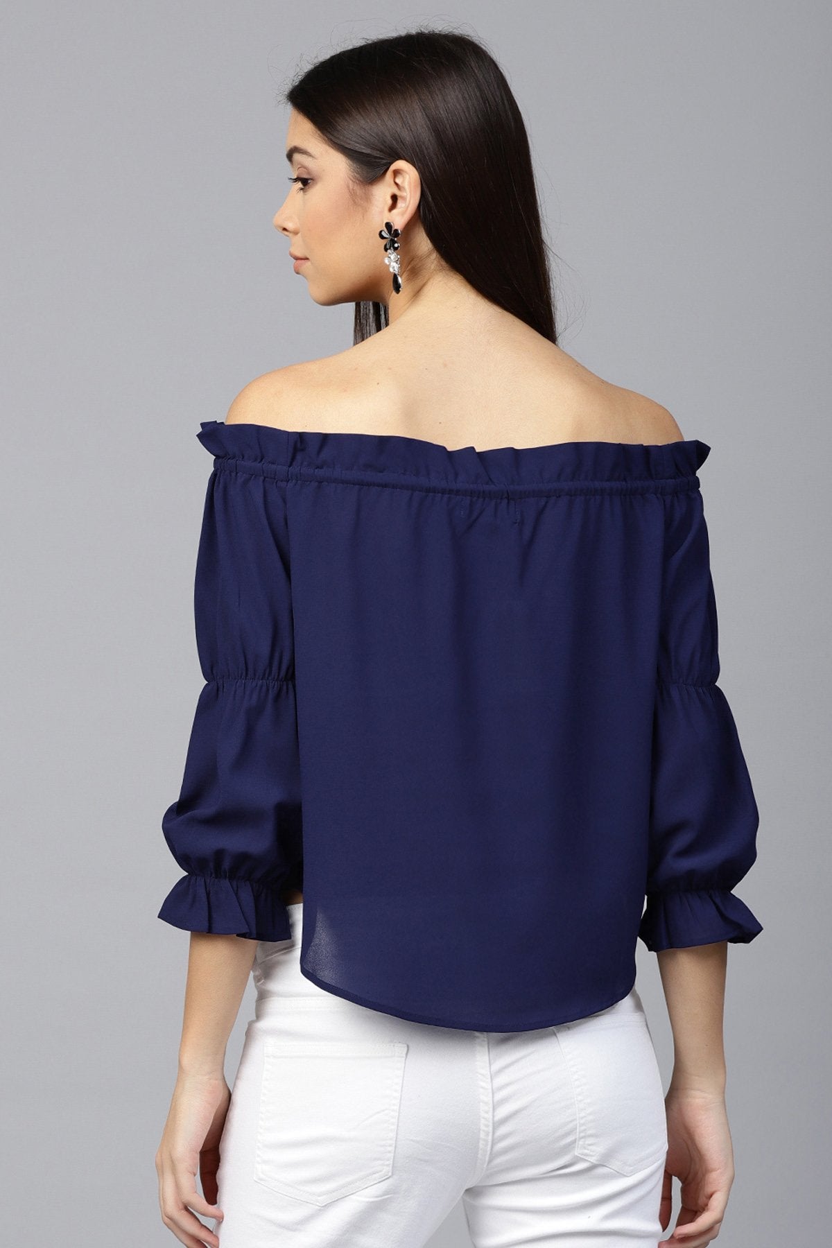 Women's Navy Drawstring Off Shoulder Top - SASSAFRAS