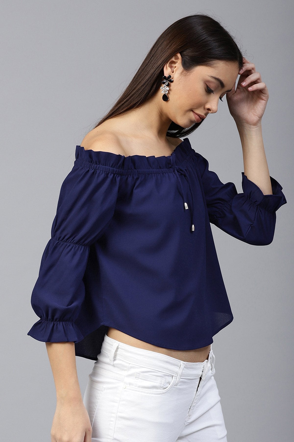 Women's Navy Drawstring Off Shoulder Top - SASSAFRAS