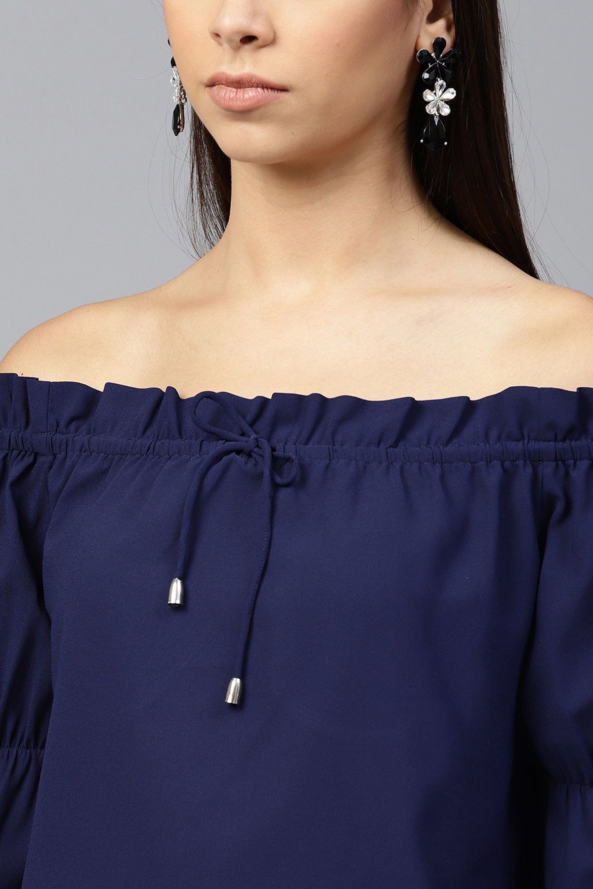 Women's Navy Drawstring Off Shoulder Top - SASSAFRAS