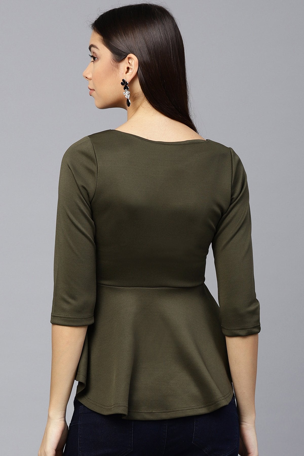 Women's Olive Scuba Lace Neck Peplum Top - SASSAFRAS