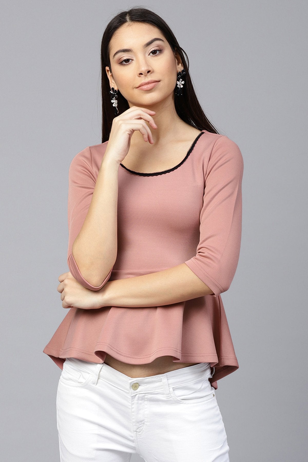 Women's Pink Scuba Lace Neck Peplum Top - SASSAFRAS