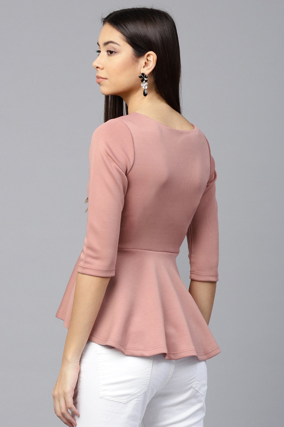 Women's Pink Scuba Lace Neck Peplum Top - SASSAFRAS