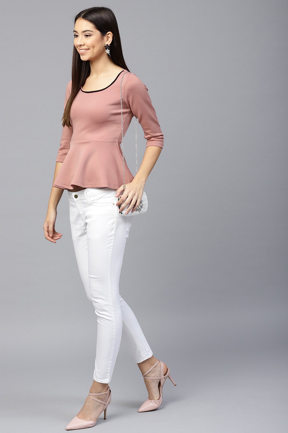 Women's Pink Scuba Lace Neck Peplum Top - SASSAFRAS