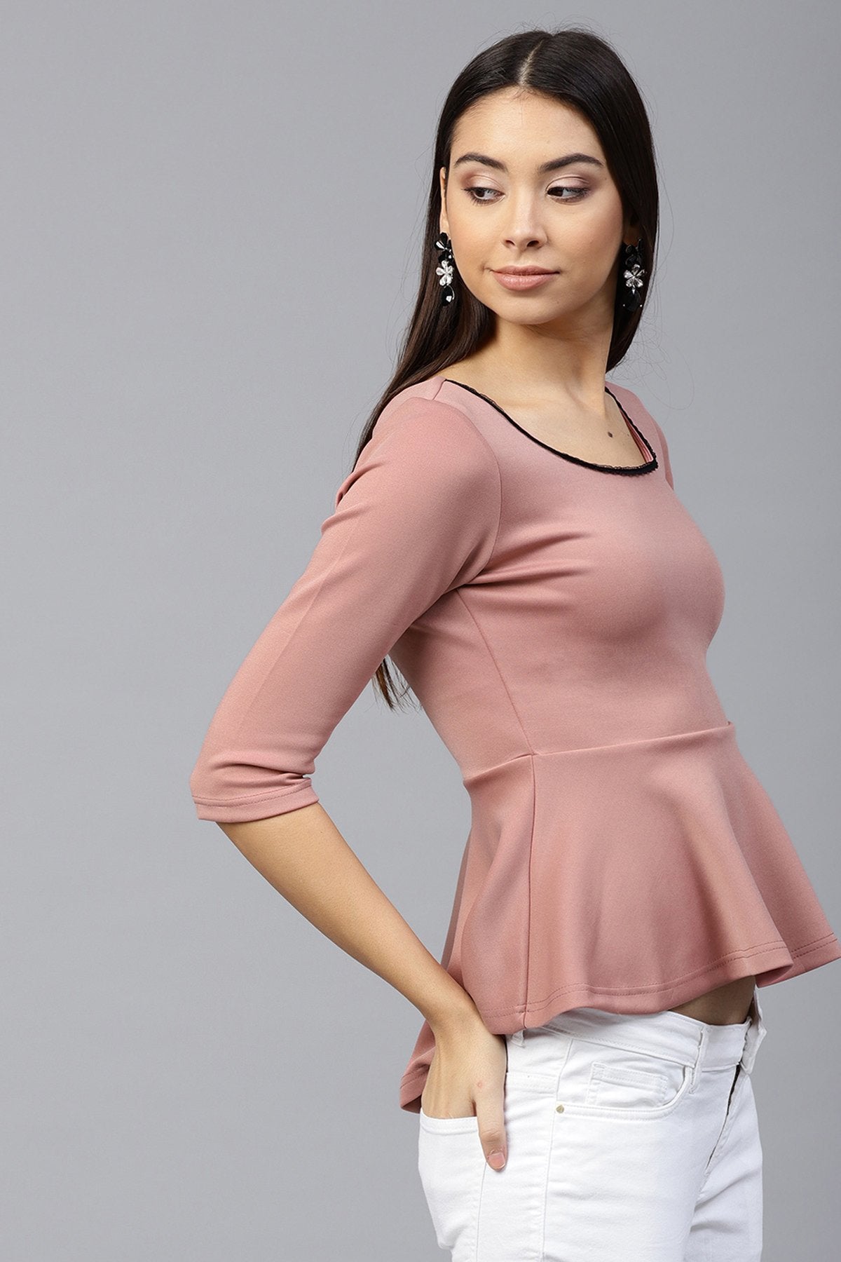 Women's Pink Scuba Lace Neck Peplum Top - SASSAFRAS