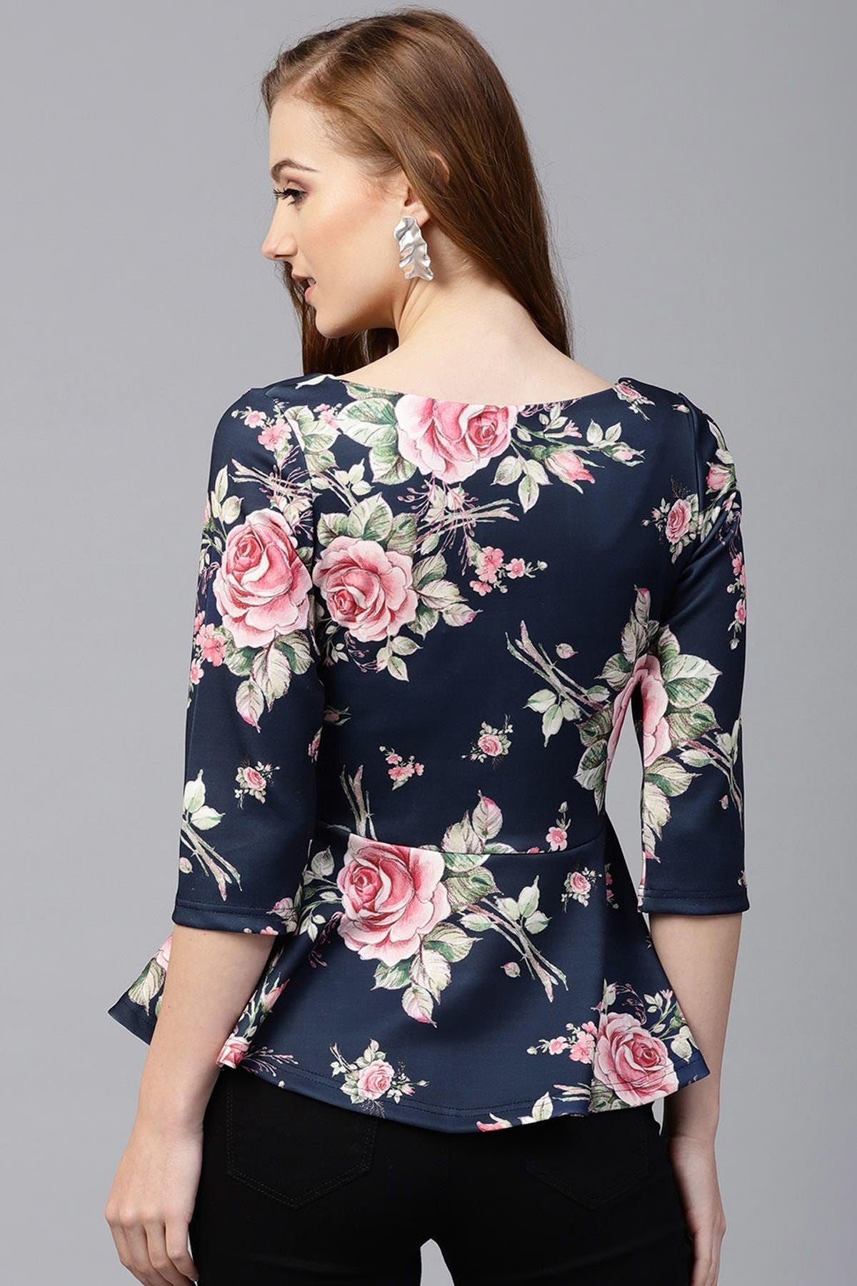 Women's Blue Floral Scuba Peplum Top - SASSAFRAS