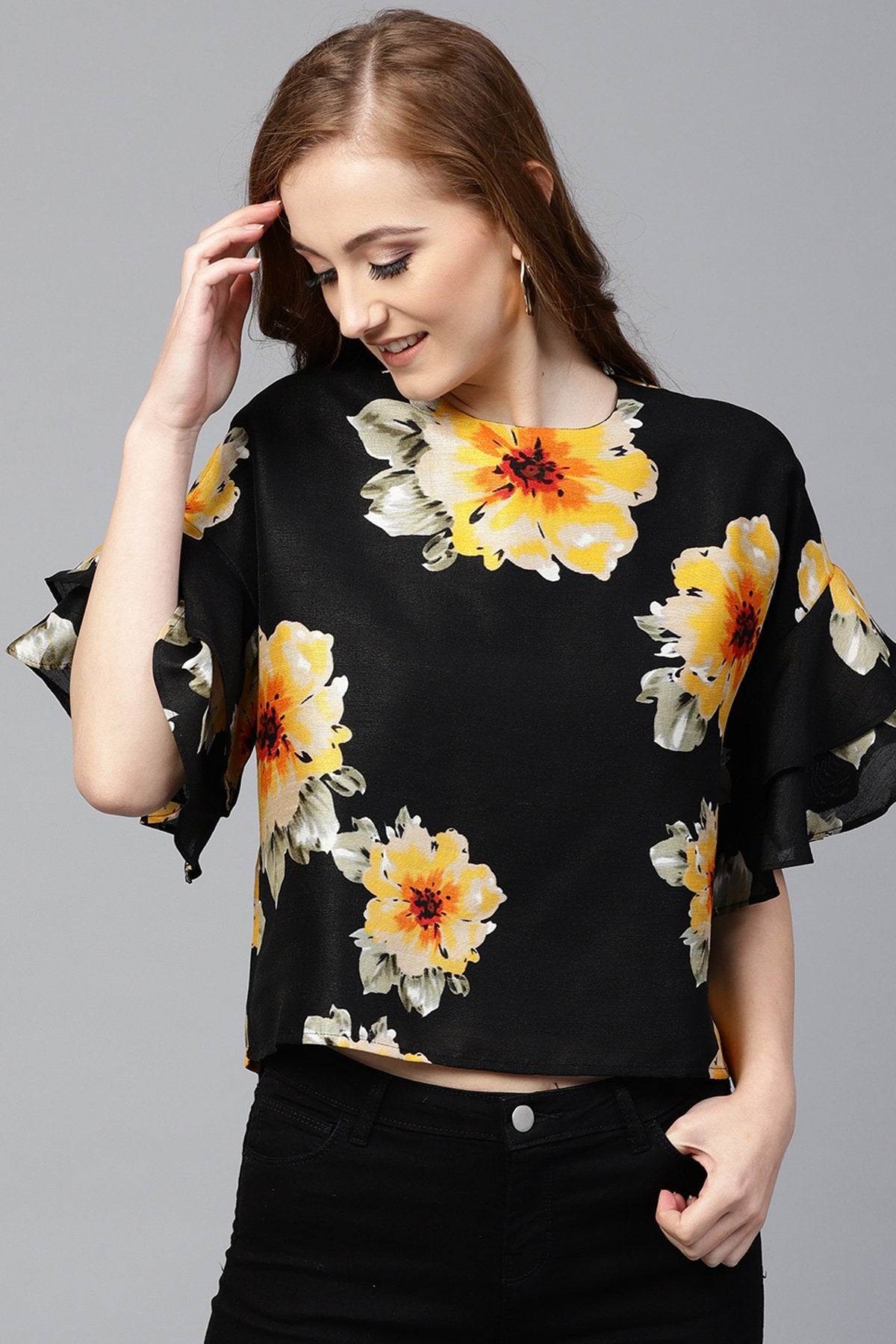 Women's Black Floral Silk Flared Sleeve Top - SASSAFRAS