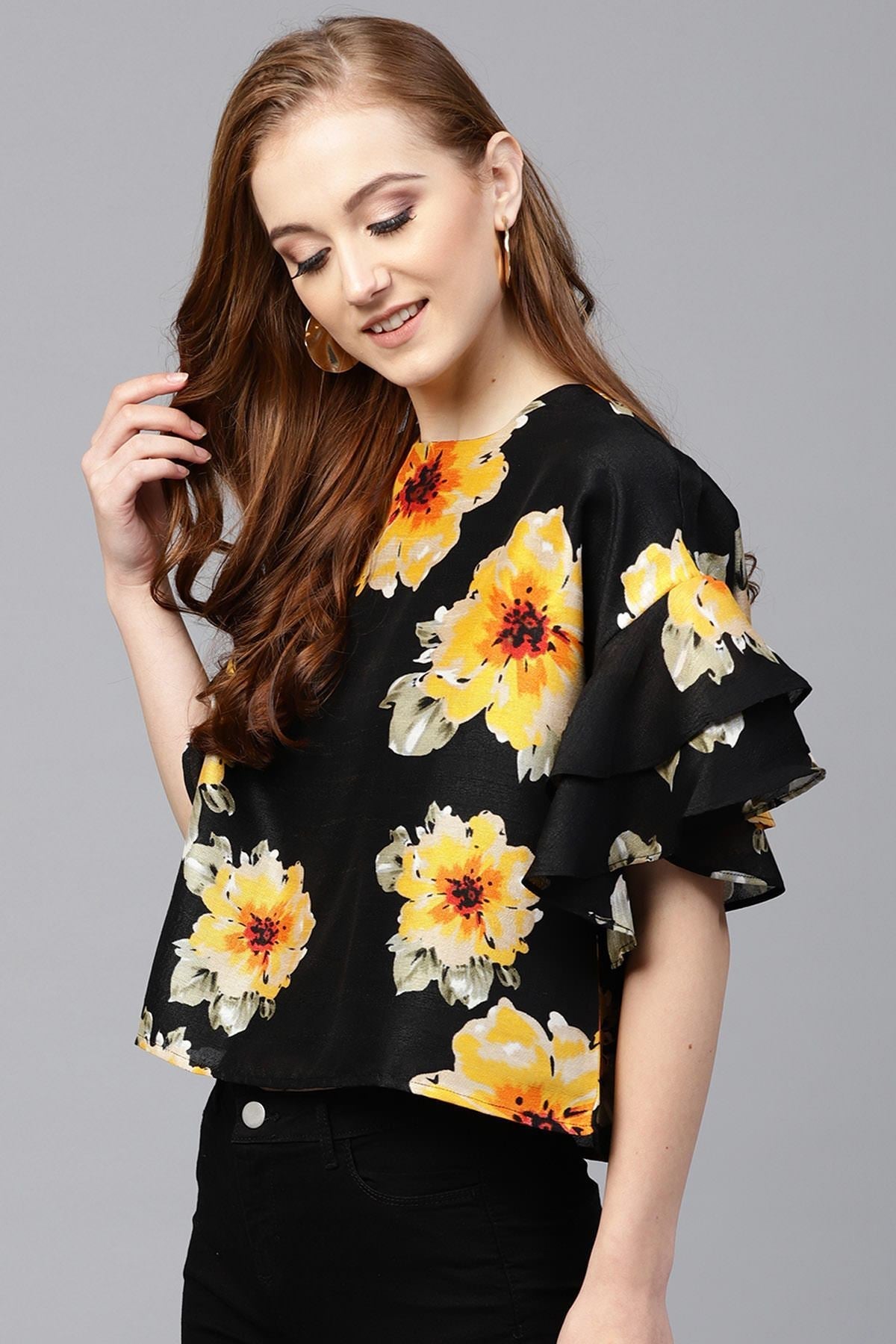 Women's Black Floral Silk Flared Sleeve Top - SASSAFRAS