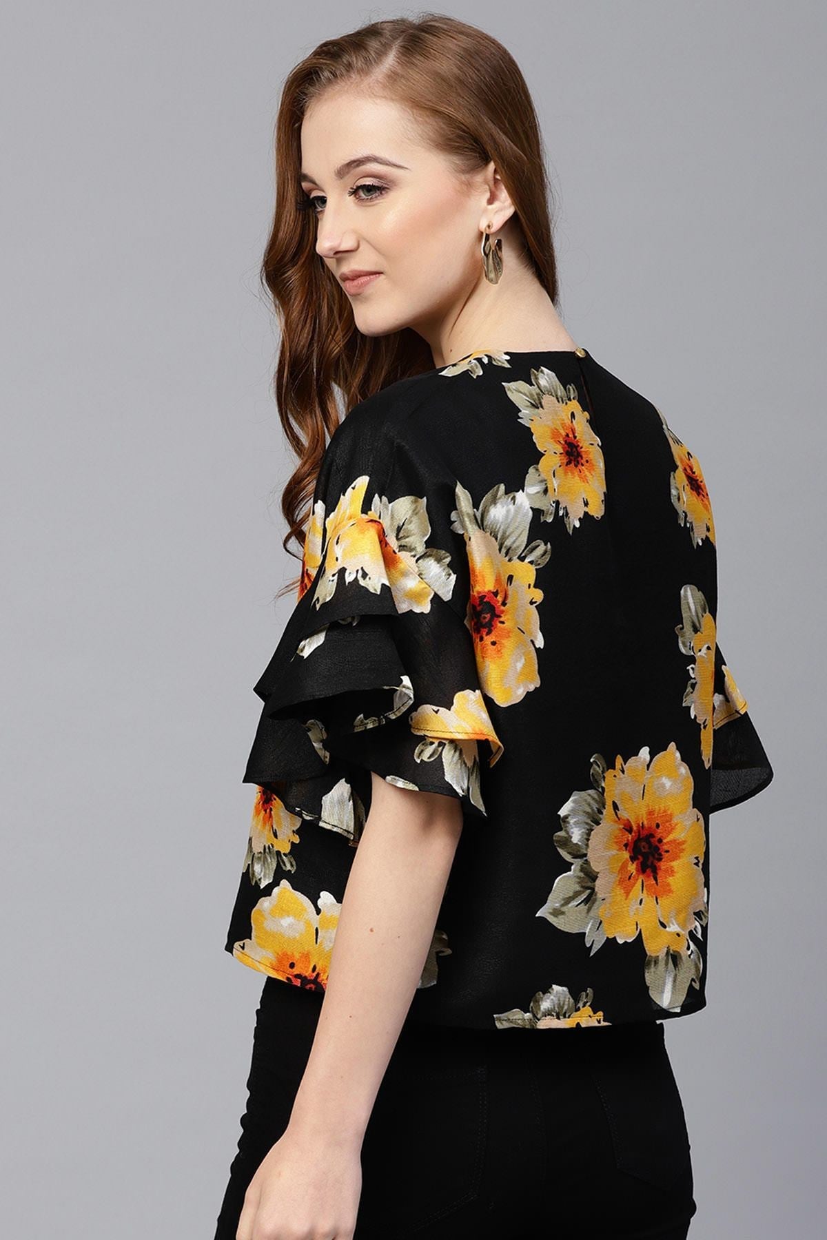 Women's Black Floral Silk Flared Sleeve Top - SASSAFRAS