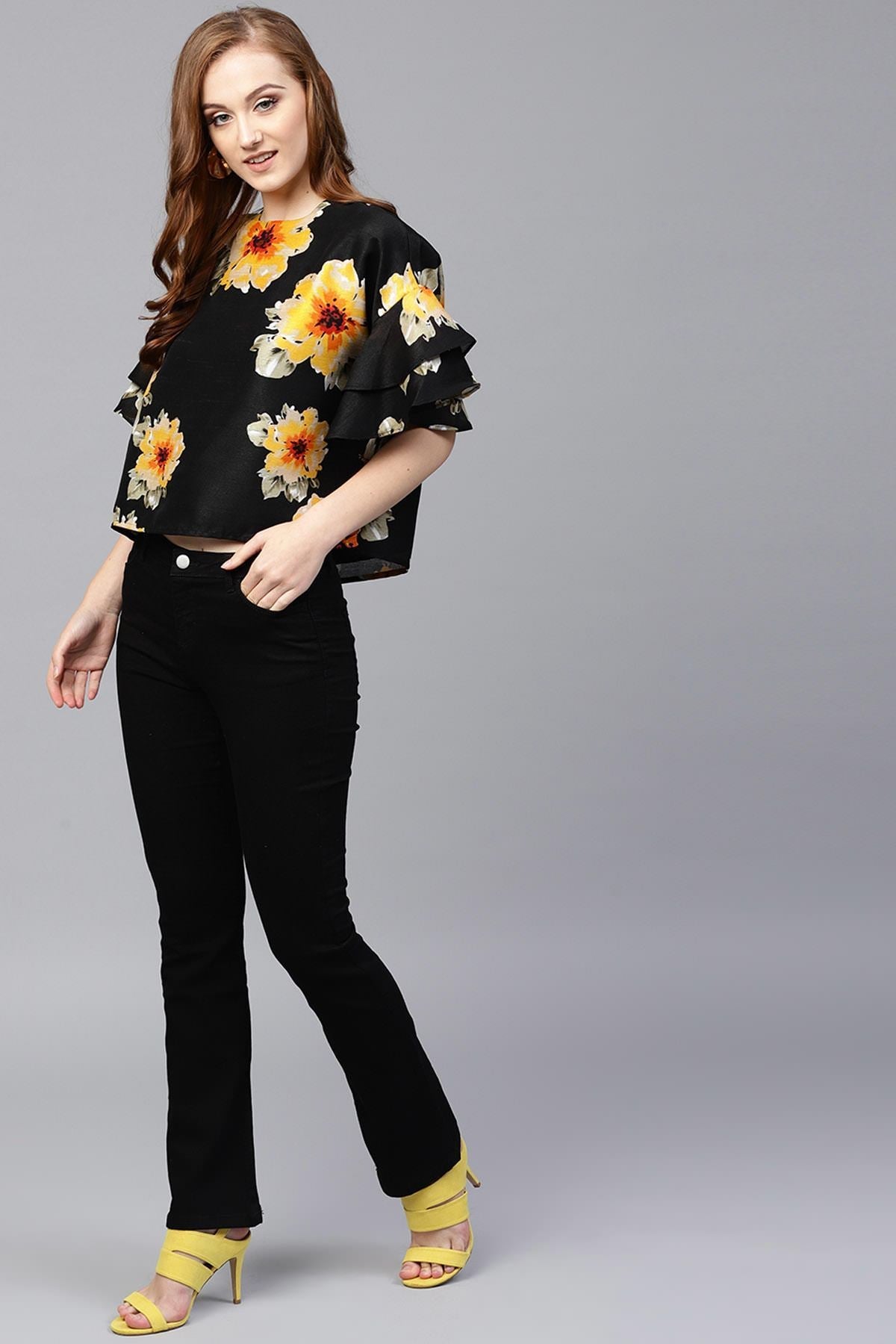 Women's Black Floral Silk Flared Sleeve Top - SASSAFRAS