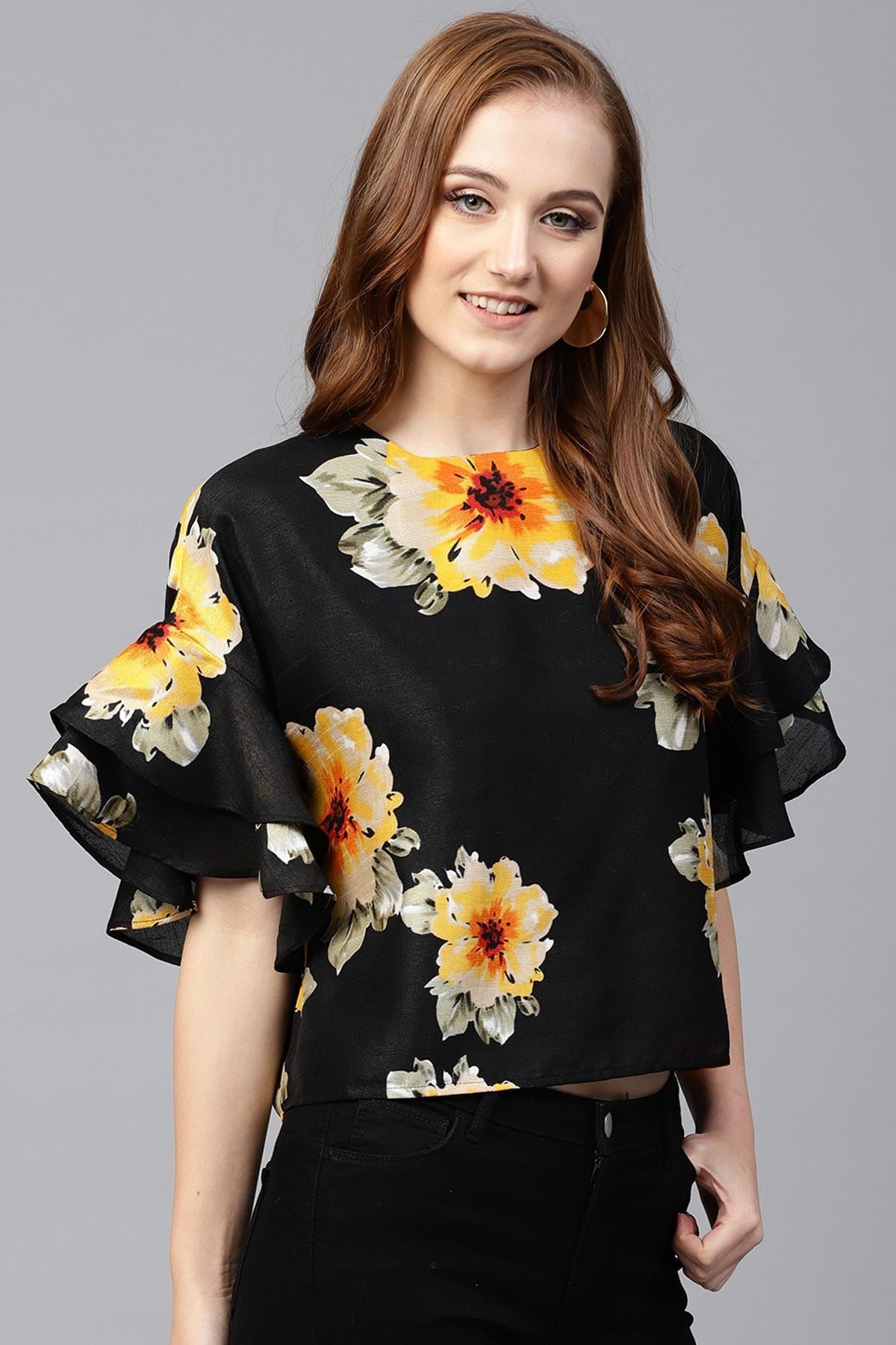 Women's Black Floral Silk Flared Sleeve Top - SASSAFRAS