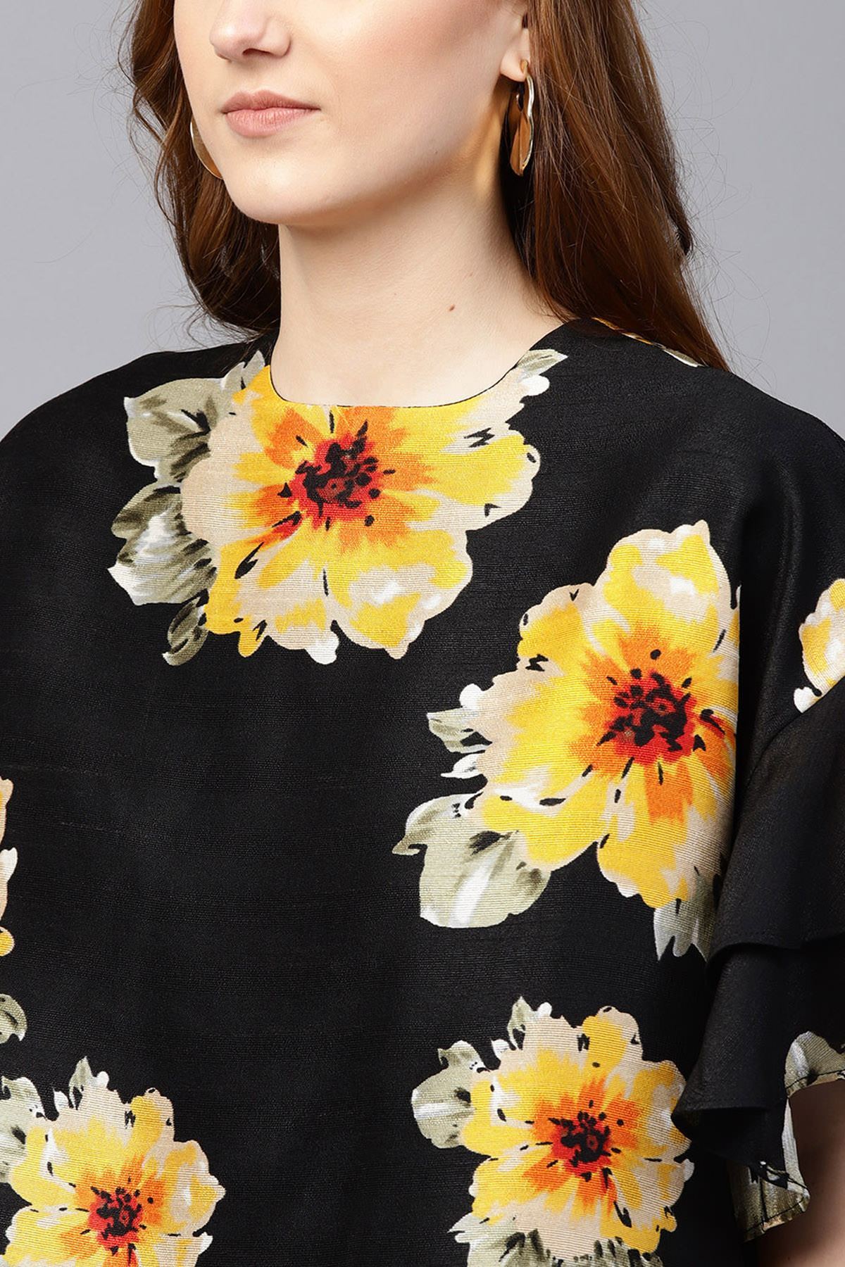 Women's Black Floral Silk Flared Sleeve Top - SASSAFRAS