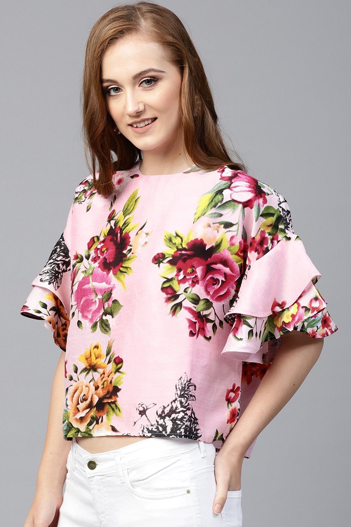 Women's Pink Floral Silk Flared Sleeve Top - SASSAFRAS