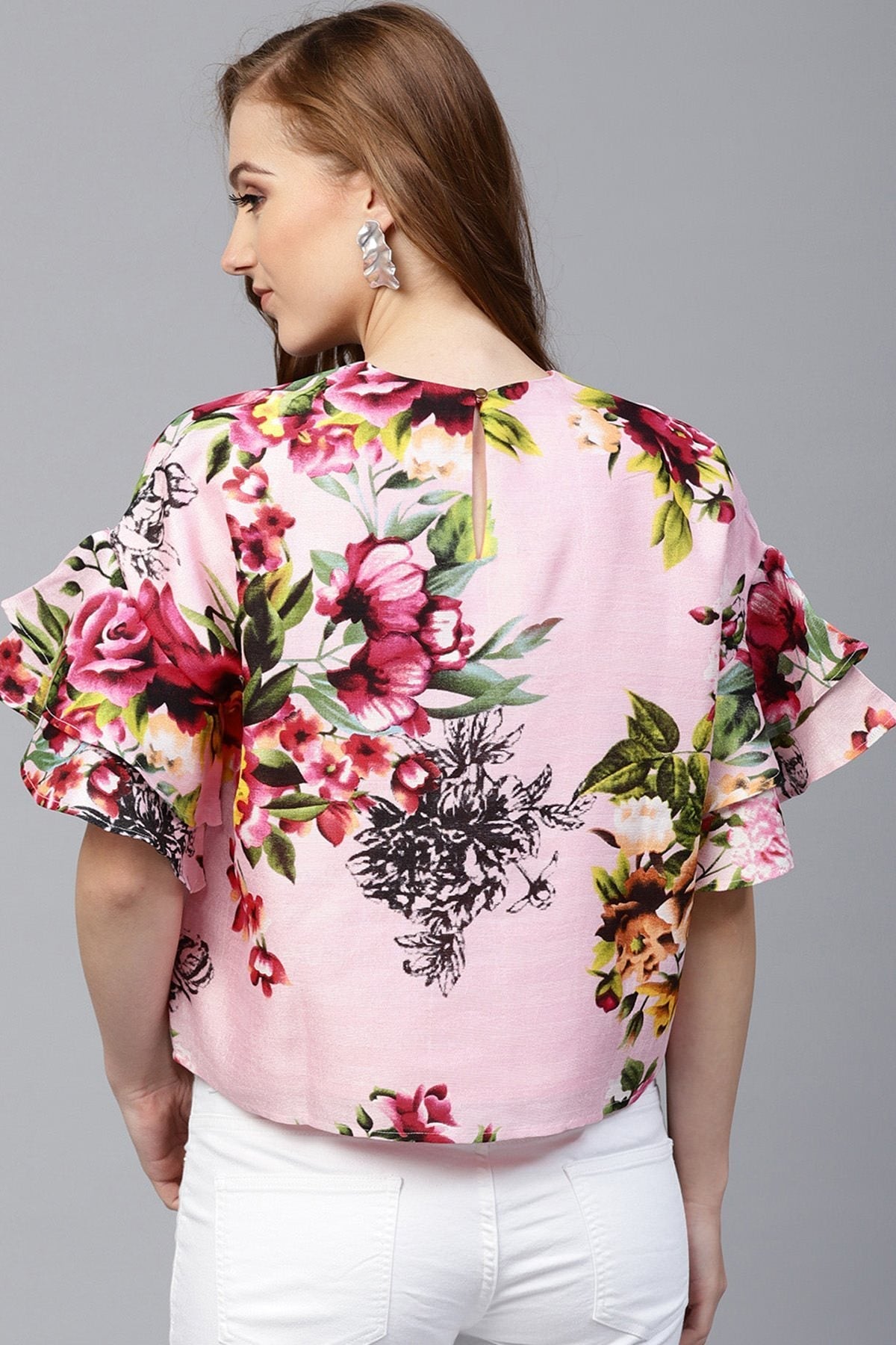 Women's Pink Floral Silk Flared Sleeve Top - SASSAFRAS