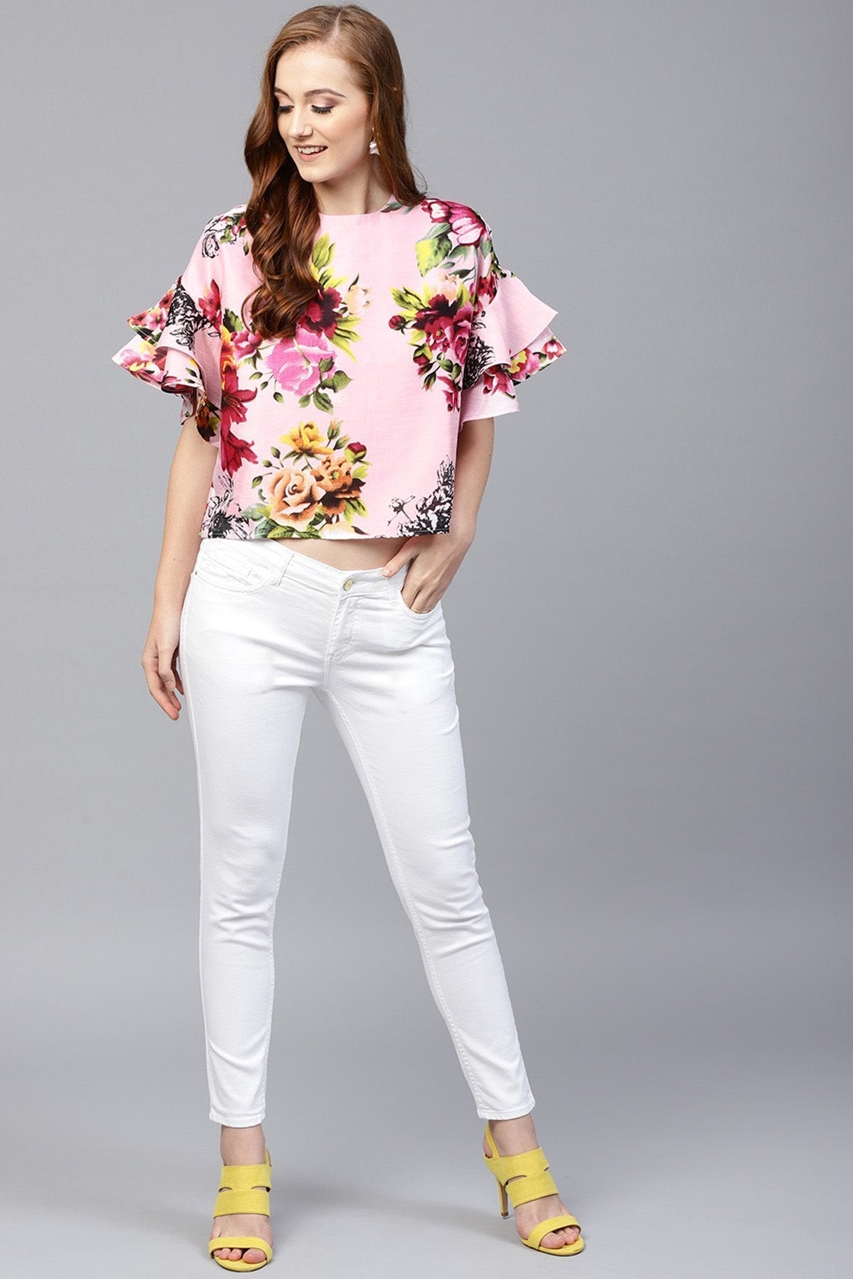 Women's Pink Floral Silk Flared Sleeve Top - SASSAFRAS