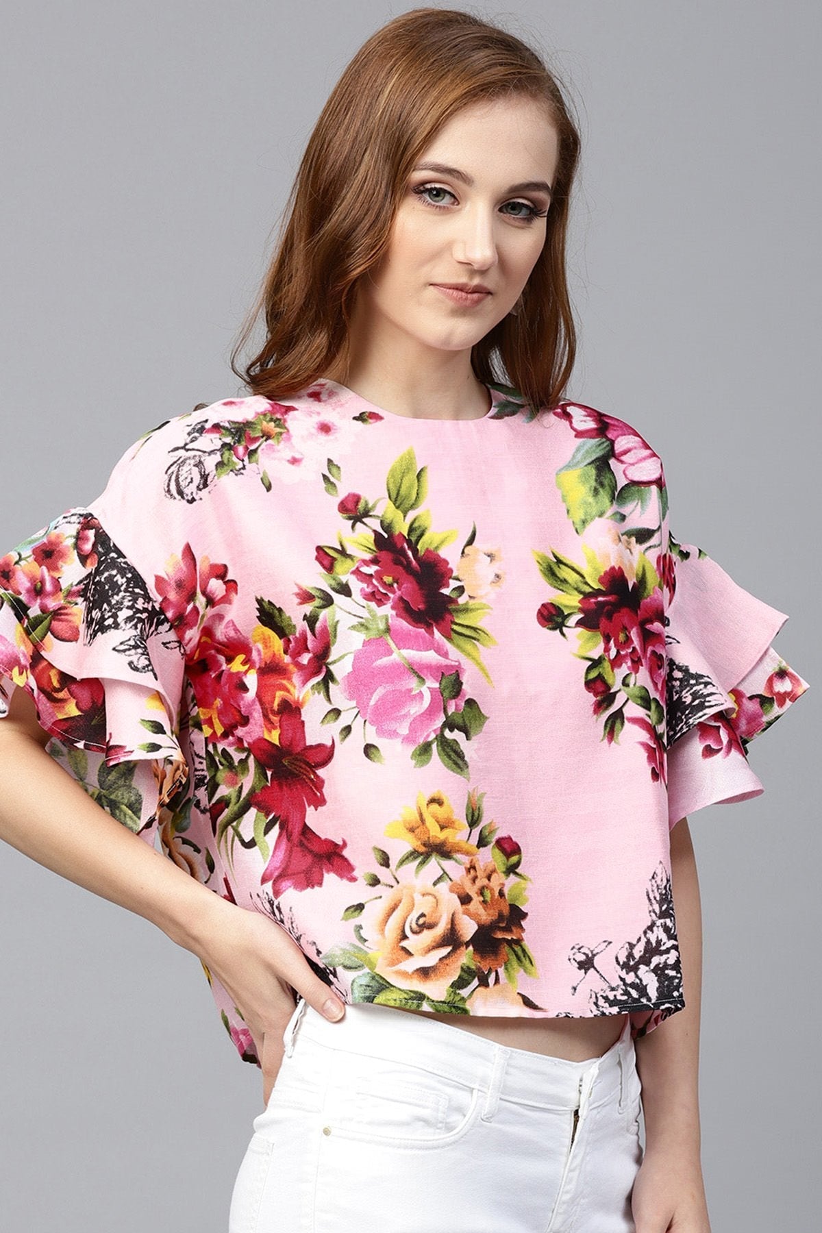 Women's Pink Floral Silk Flared Sleeve Top - SASSAFRAS